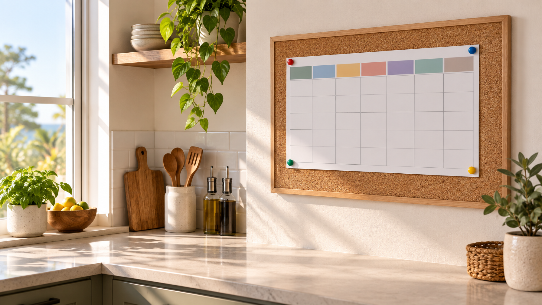Kitchen cork board with a blank weekly grid, colored pins, basil on the sill, and oil bottles on the counter