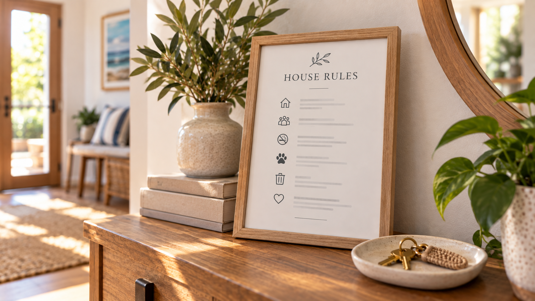 Framed HOUSE RULES print on a wood console with a ceramic dish of keys and a beaded fob