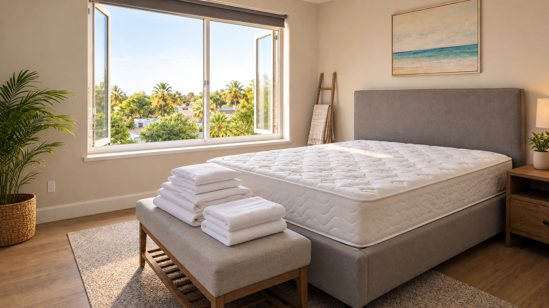 Stripped mattress in a gray-upholstered bed, stacked white towels on a bench, open window to palms and rooftops