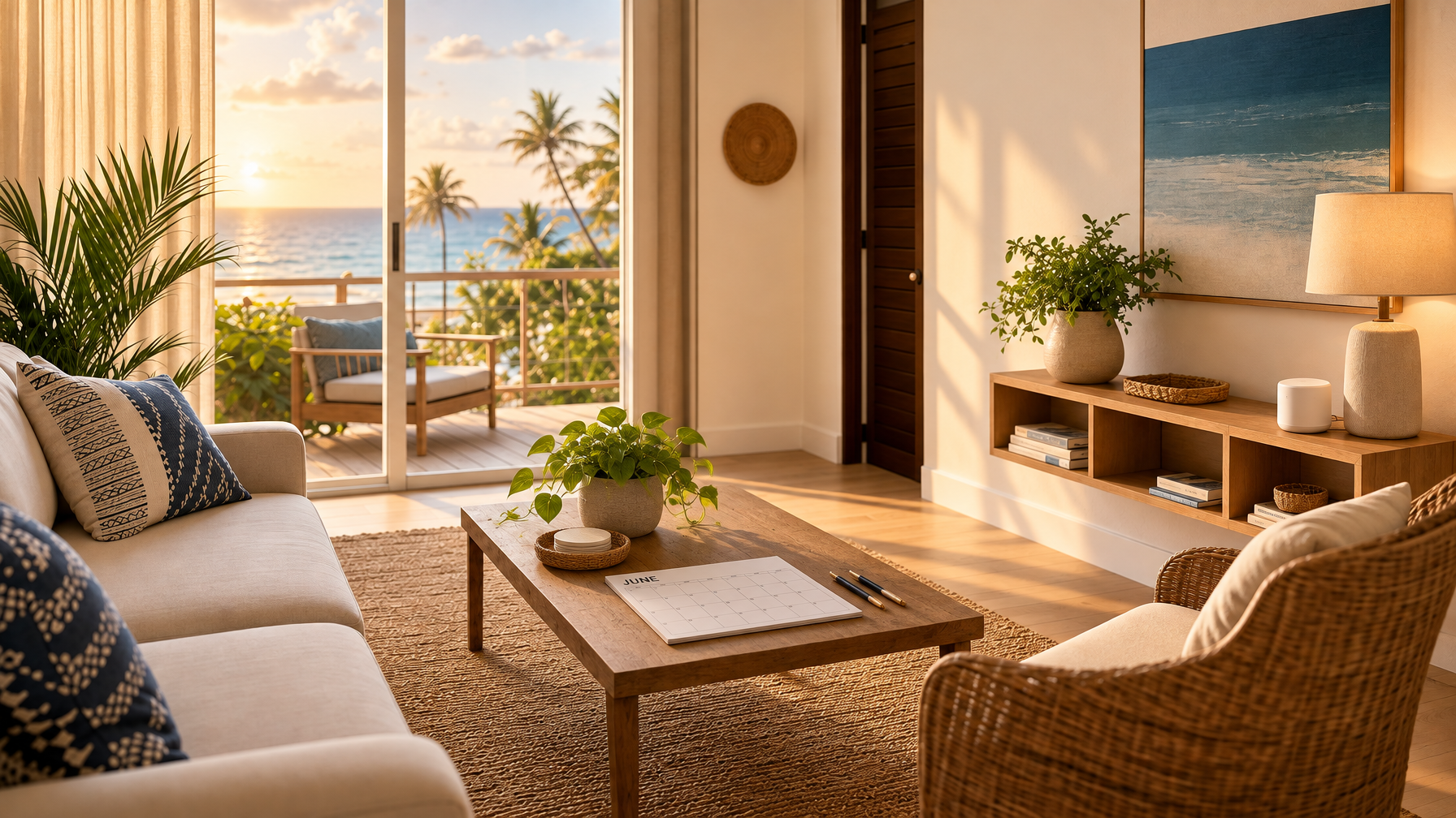 Coastal living room at sunset with a June paper calendar and pens on a wood coffee table, empty sofa and balcony