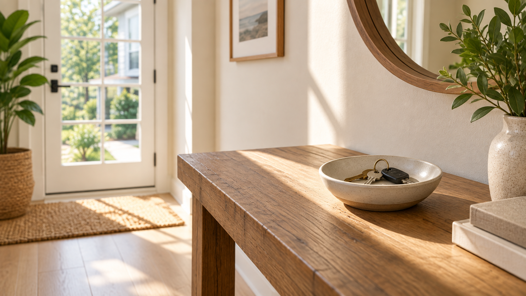Ceramic bowl with house keys on a thick wood entry table, sunlight stripe, glass door and garden beyond