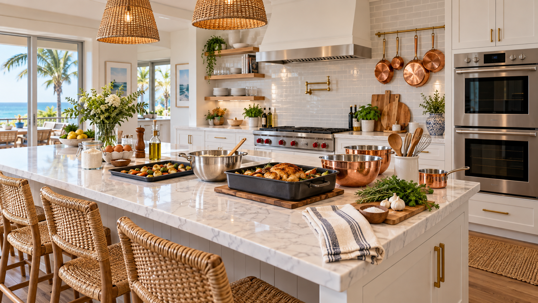 Marble kitchen island with roasting pans, copper bowls, rattan stools, and stacked wall ovens, no people