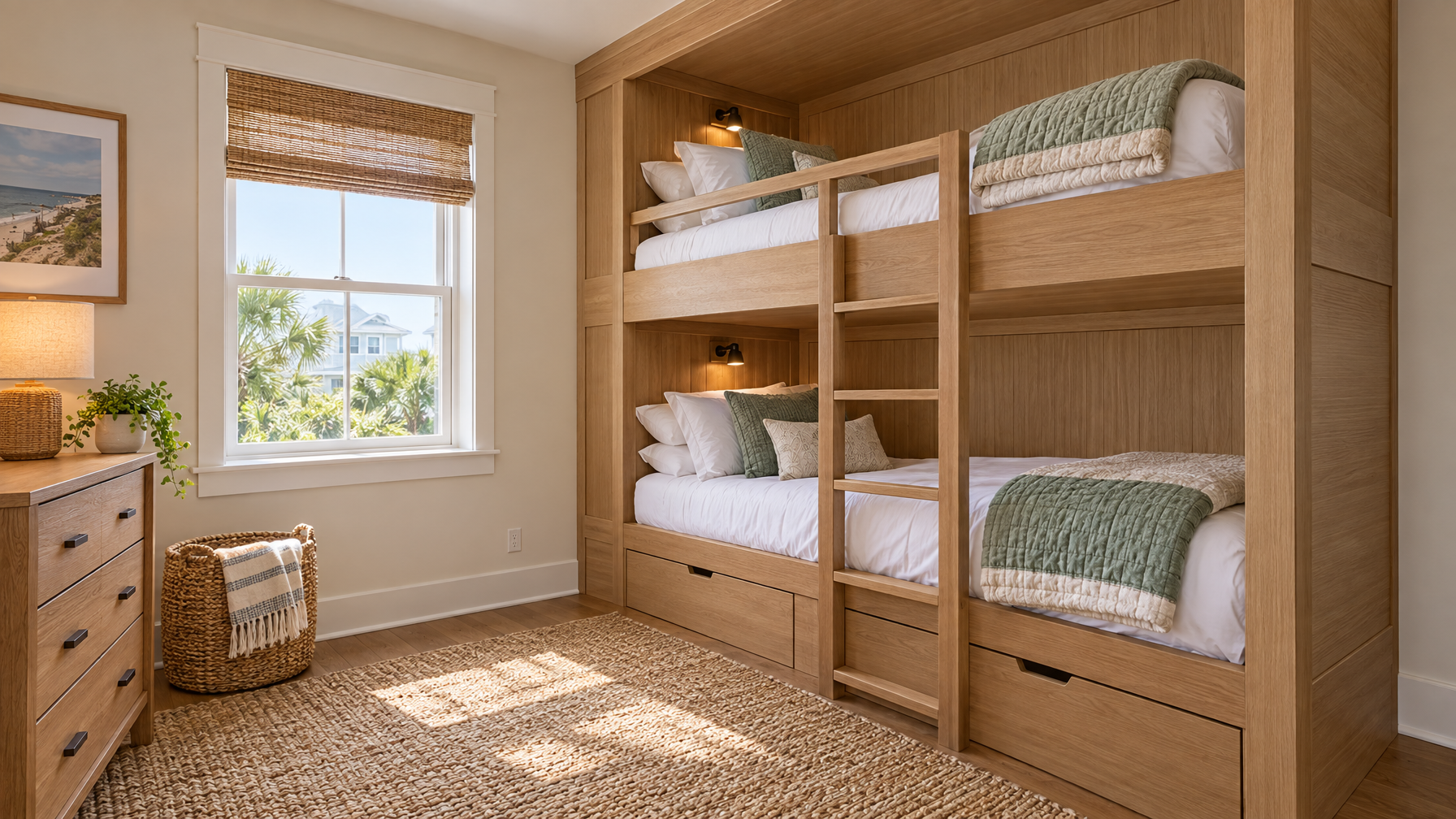 Light-wood built-in bunk beds with sage quilts, woven rug, and a window with palm trees, no people
