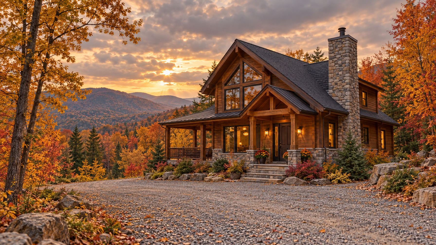 Wooden mountain cabin with stone chimney, gravel drive, and autumn hills at sunset, no people