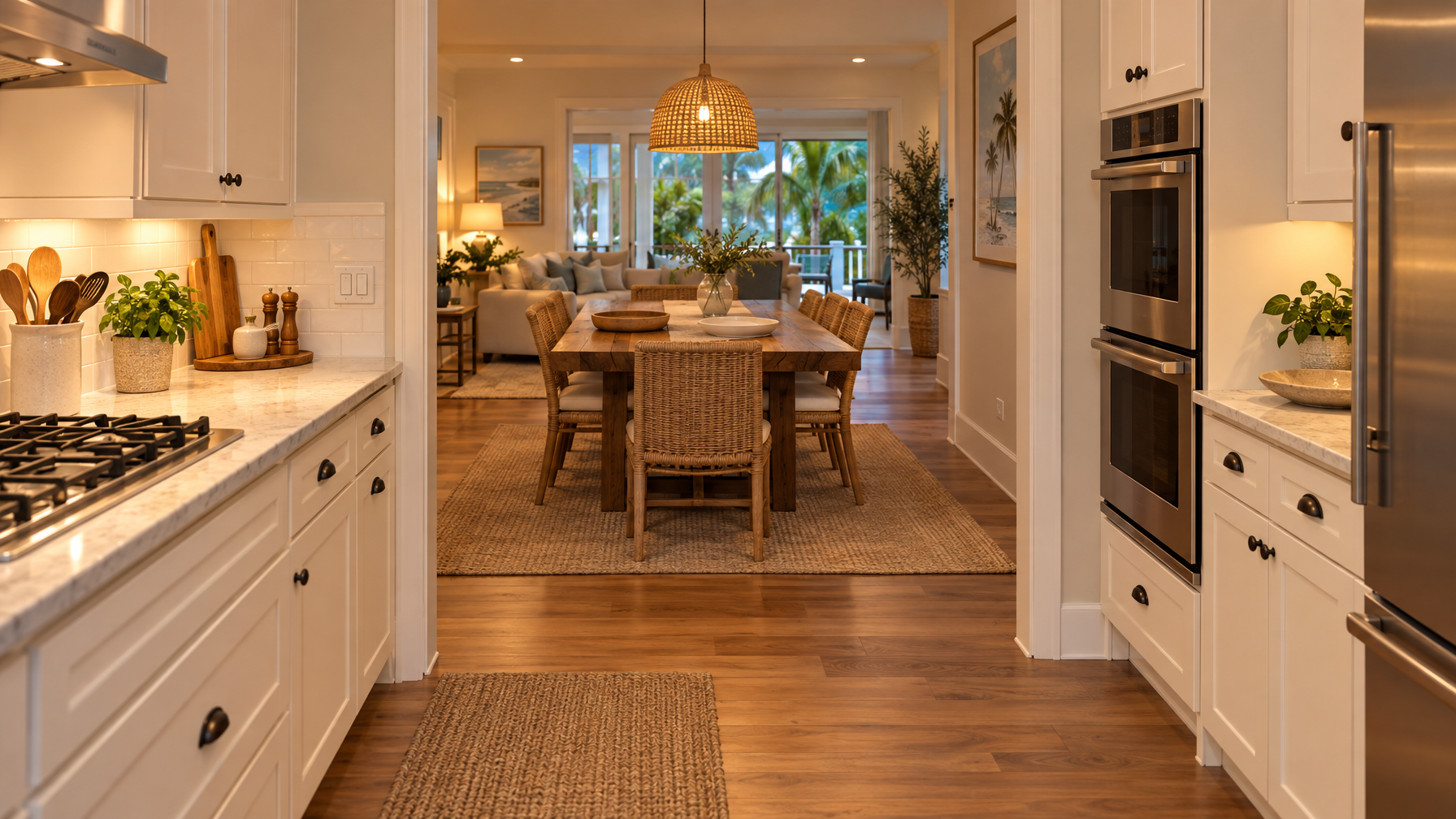Kitchen doorway looking to a wood dining table with rattan chairs, stacked wall ovens on the right, no people