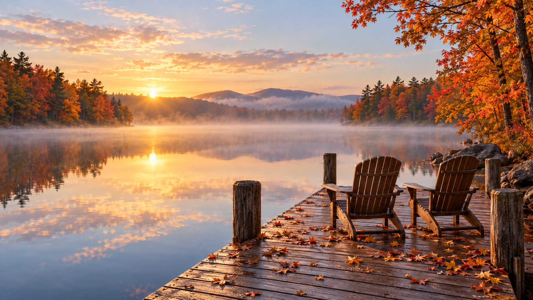 Wooden dock with two empty Adirondack chairs, fallen maple leaves, misty lake, and autumn sunrise