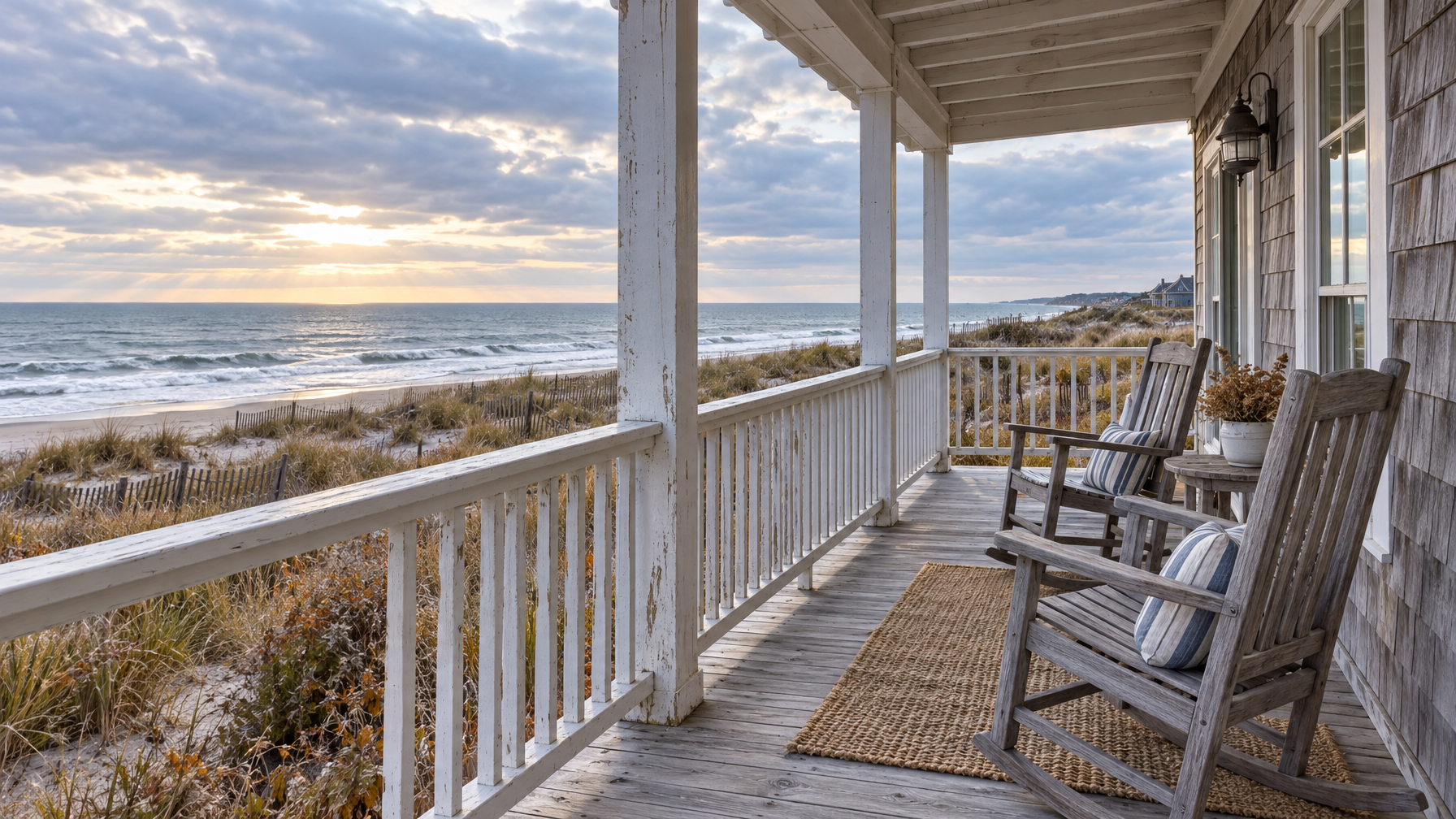 Weathered beach-house porch with empty gray rocking chairs, white rail, dune grass, and gray-blue ocean