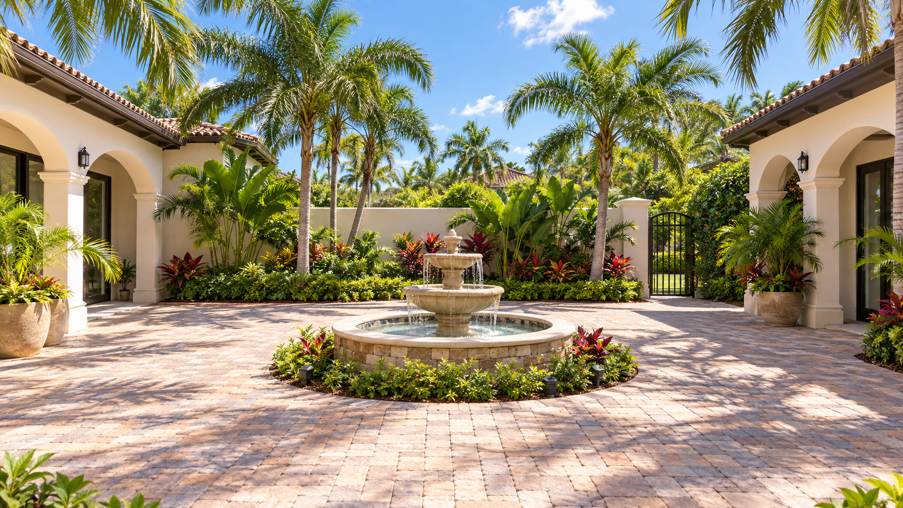 Paver courtyard with a two-tier stone fountain, palms, tropical plants, cream stucco arches, and a black iron gate, no people