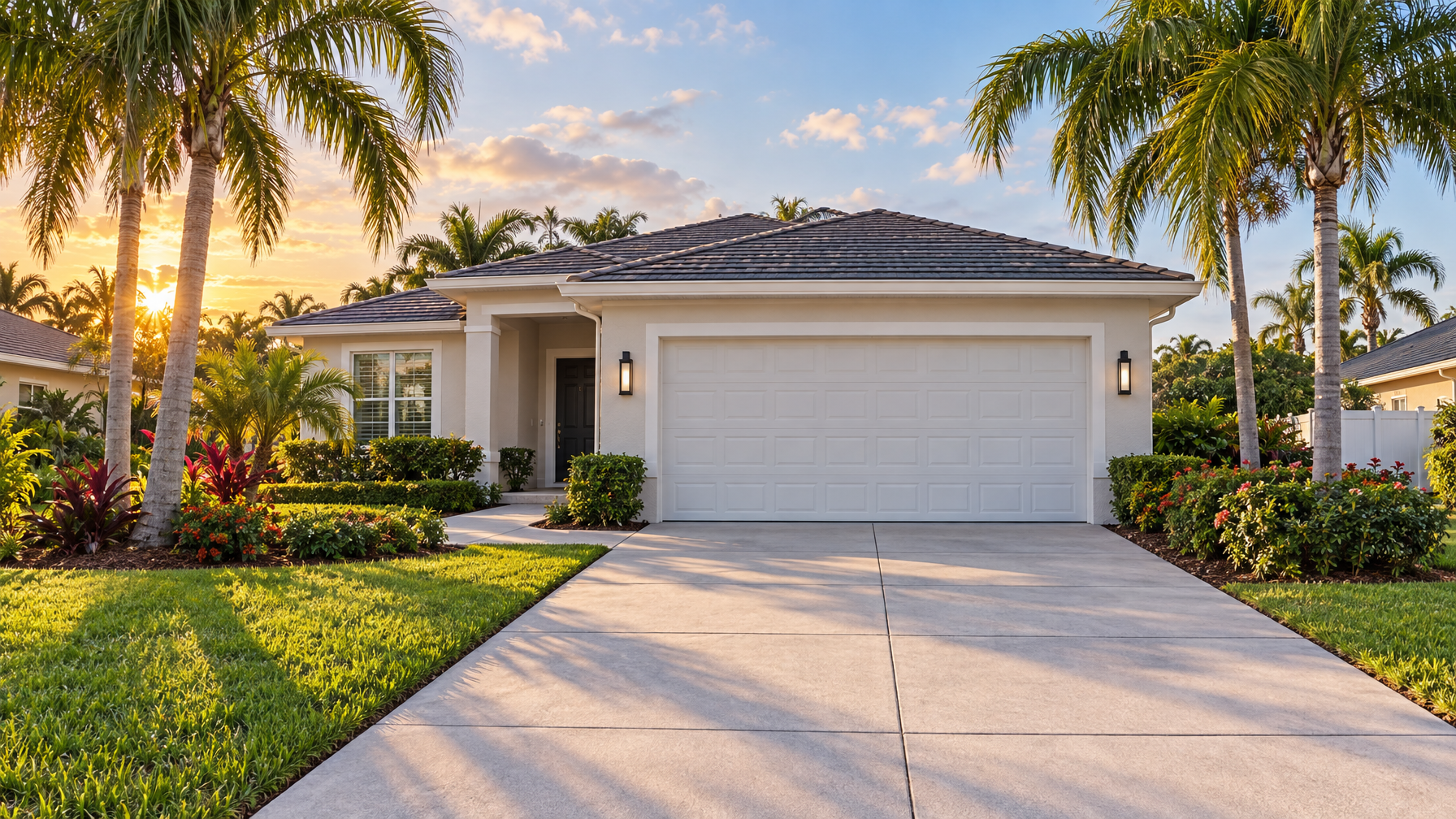 Single-story cream house with a wide empty concrete driveway, two-car garage door, palms, and sunset sky