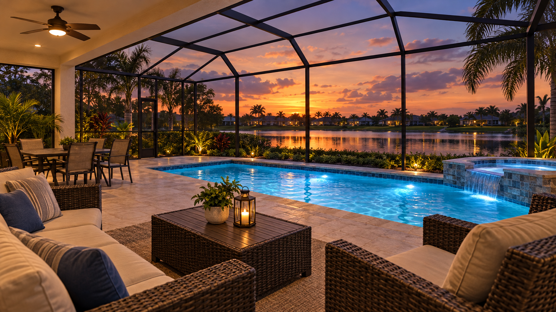 Screened lanai at dusk with empty wicker seating, a coffee table lantern, lit rectangular pool, spa waterfall, and lake houses beyond