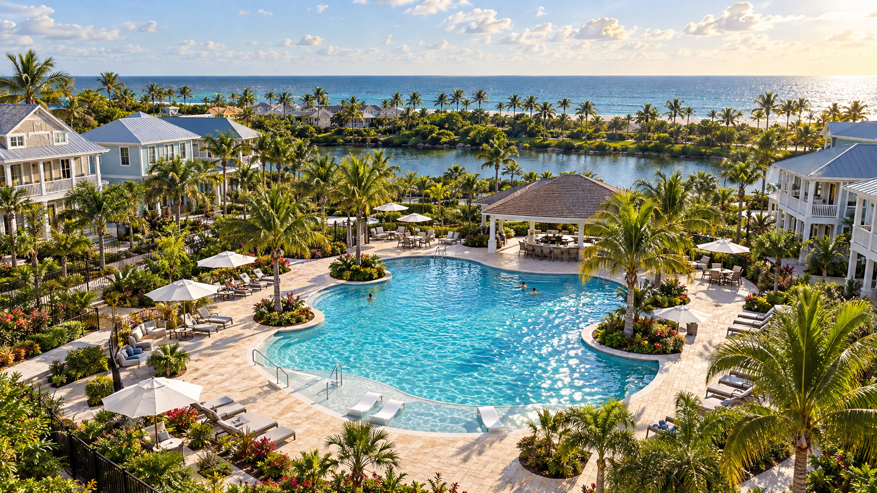 High-angle resort pool with palms, lounge chairs, umbrellas, a thatched pavilion, and a few distant swimmers, no readable faces