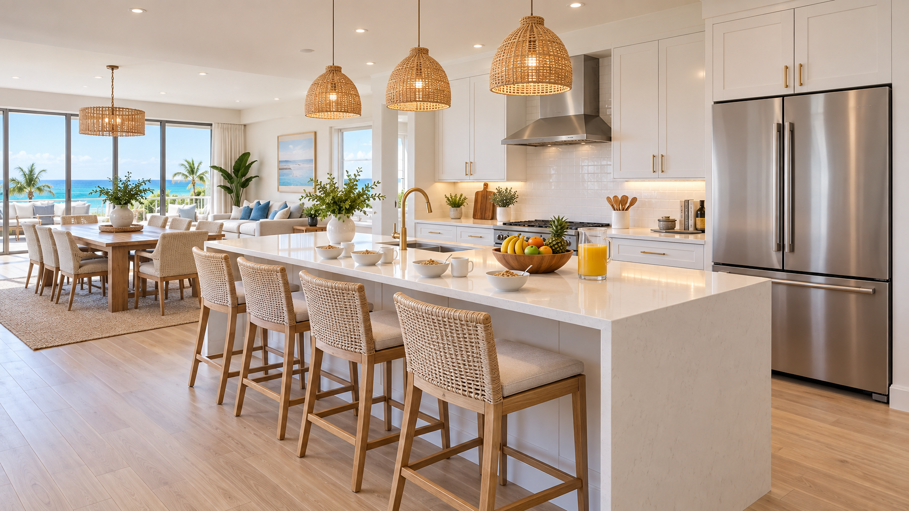 Open kitchen with a long white island, four wicker stools, cereal bowls, fruit, juice pitcher, and a large stainless refrigerator