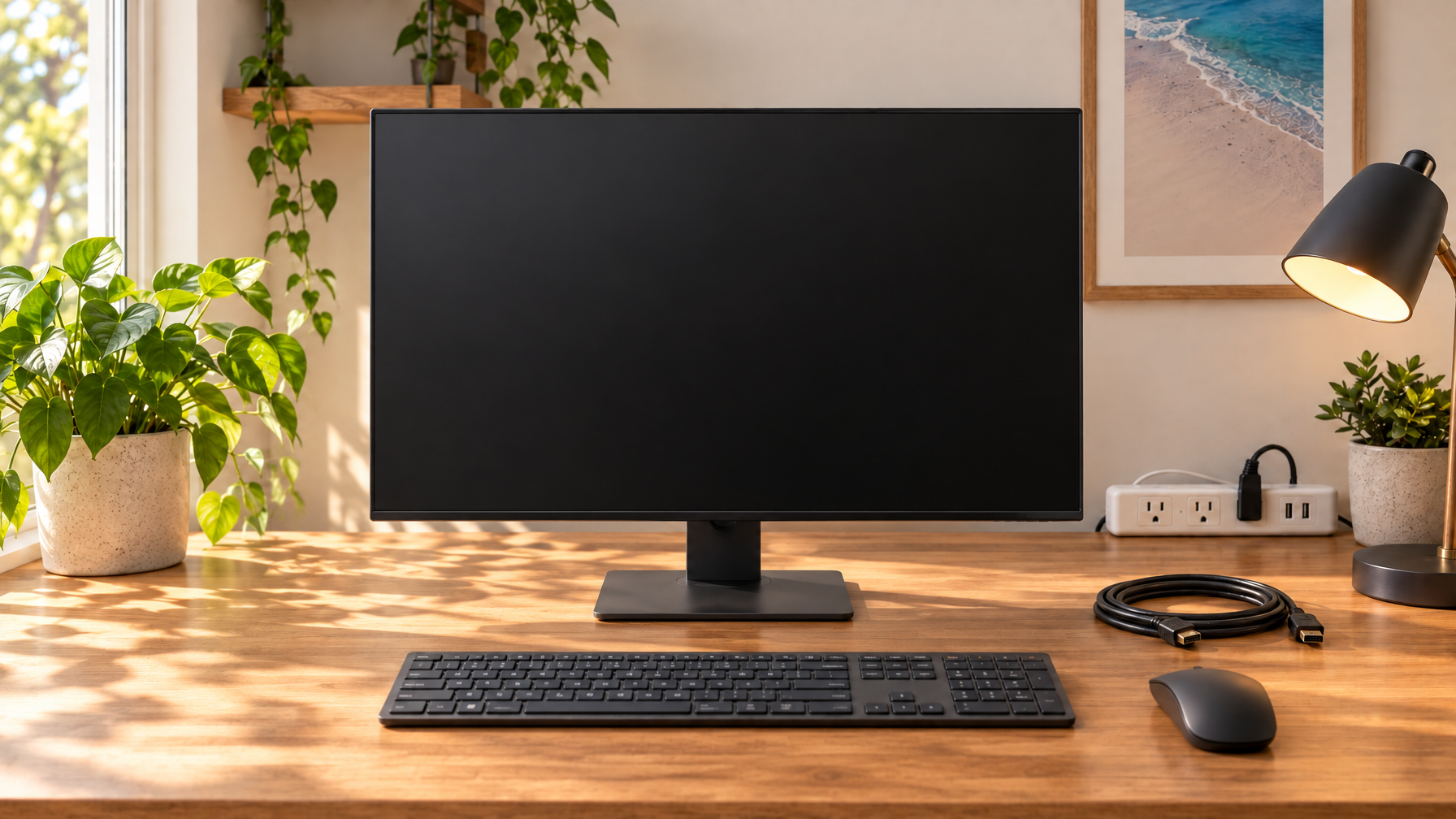Empty wooden desk with a blank monitor, keyboard, mouse, coiled HDMI cable, power strip, and desk lamp