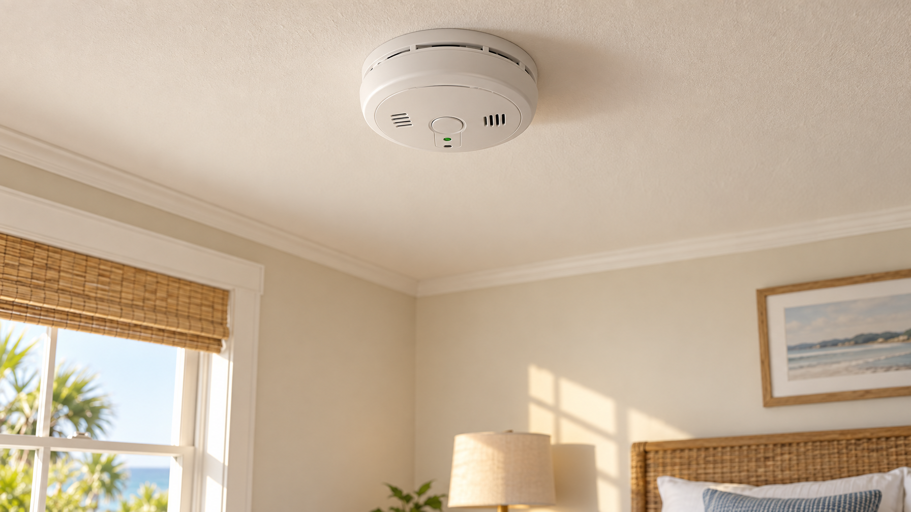 White ceiling smoke alarm with a green status light in a sunlit bedroom with woven headboard and bamboo blinds
