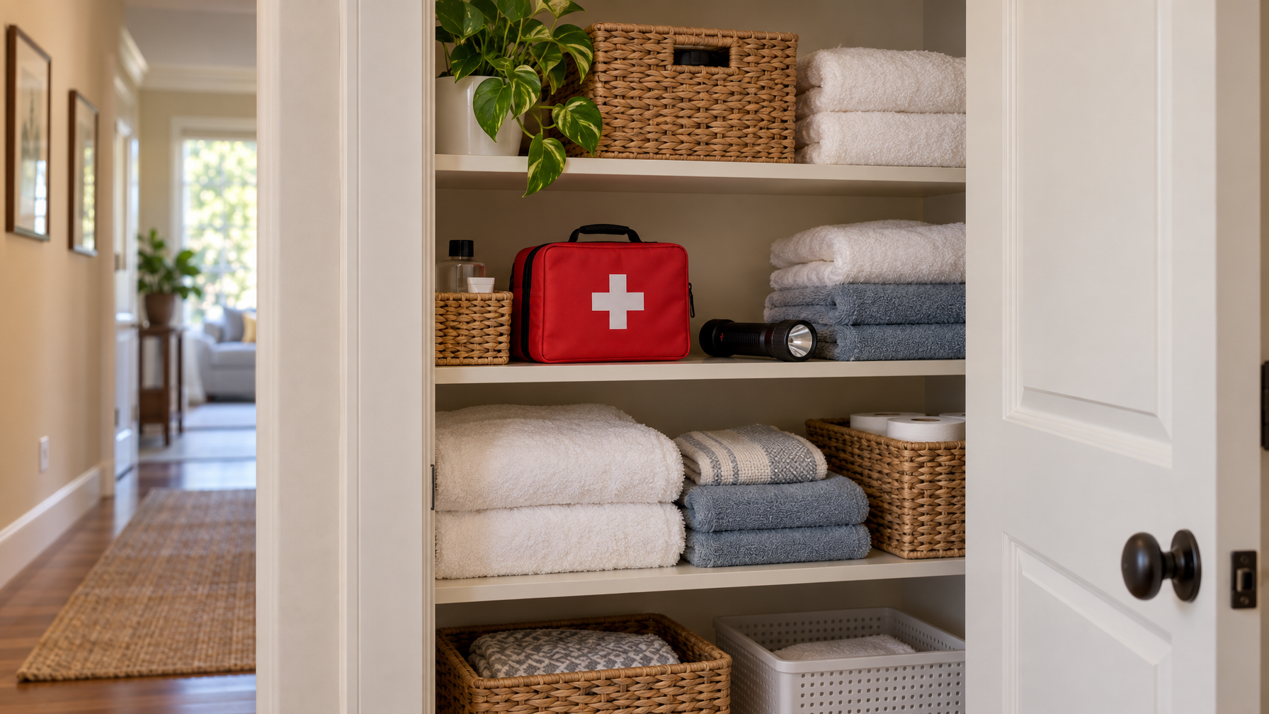 Open linen closet with a red first-aid kit, flashlight, folded white and blue towels, and wicker baskets