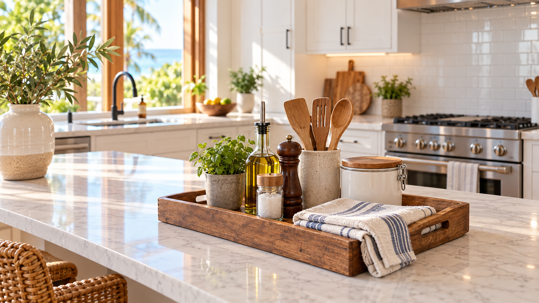 Marble kitchen island with a wooden tray holding basil, olive oil, salt, a pepper mill, utensils, a canister, and a striped towel