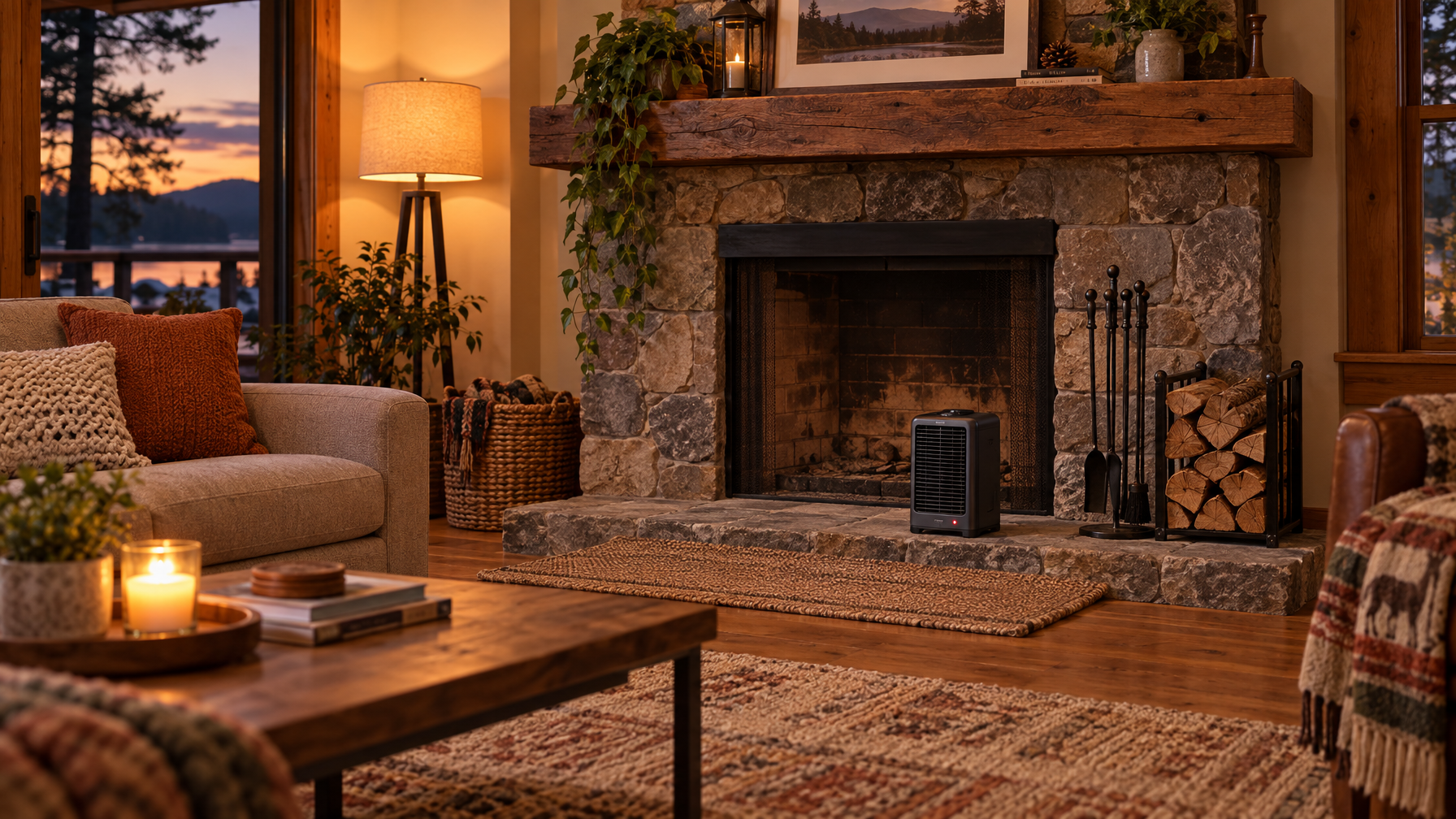 Stone fireplace with a compact space heater on the hearth, iron tools, and stacked firewood at dusk