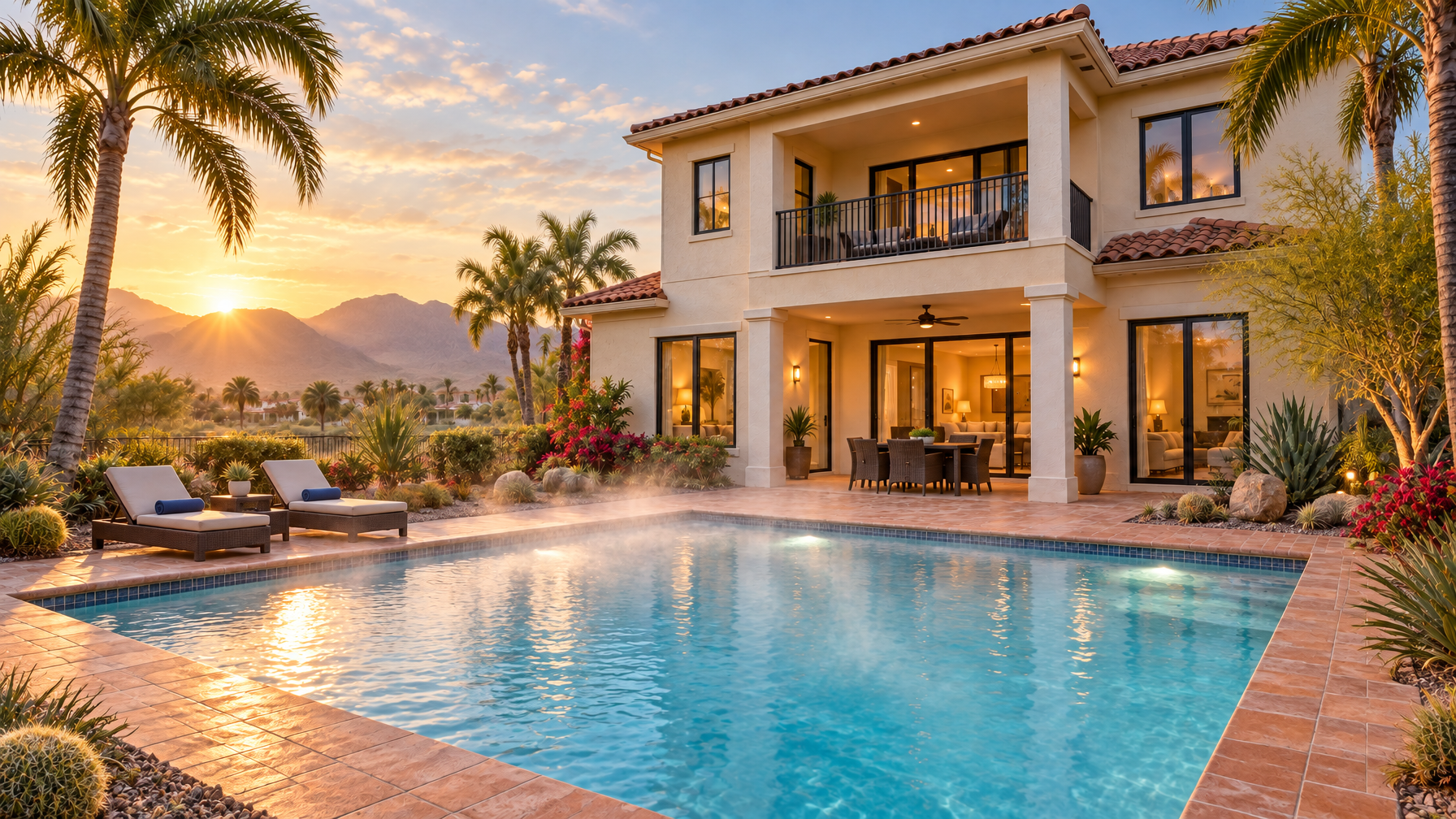 Heated turquoise pool steaming at sunset beside a two-story stucco house, empty lounge chairs, palms, and mountains
