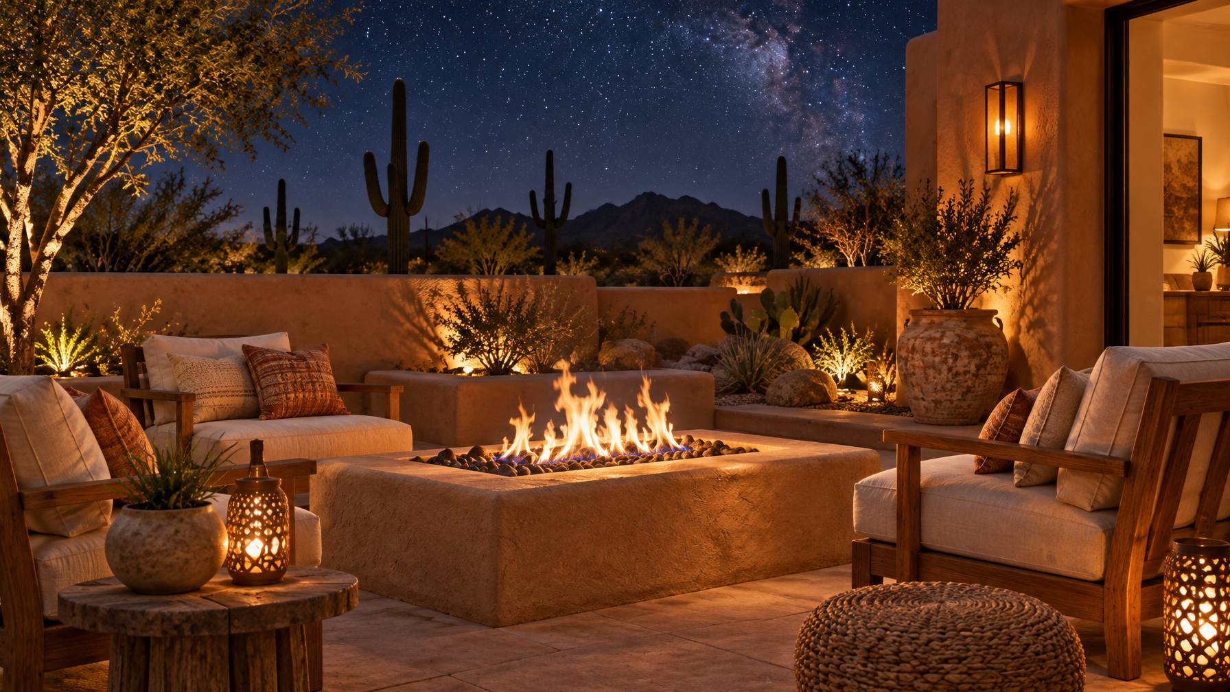 Night patio with a rectangular gas fire pit, empty wood chairs, starry sky, and saguaro silhouettes