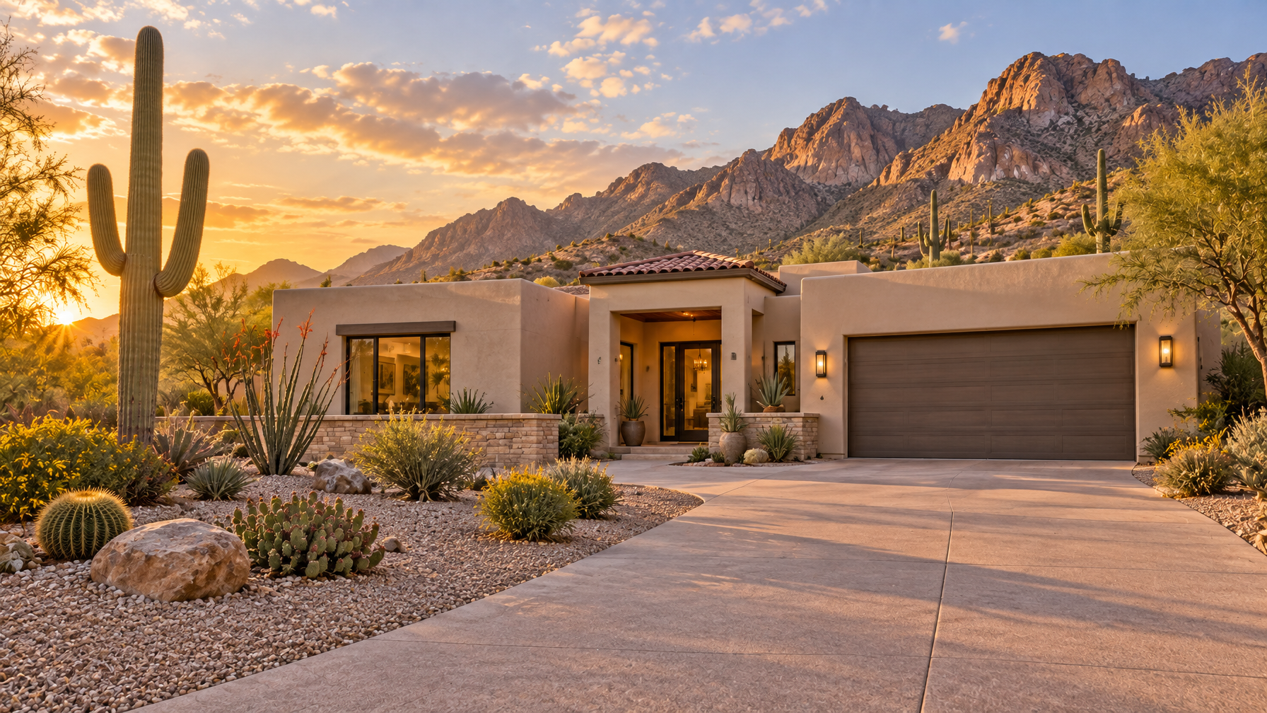 Single-story beige stucco foothills home with gravel desert yard, saguaros, empty driveway, and mountains at dusk