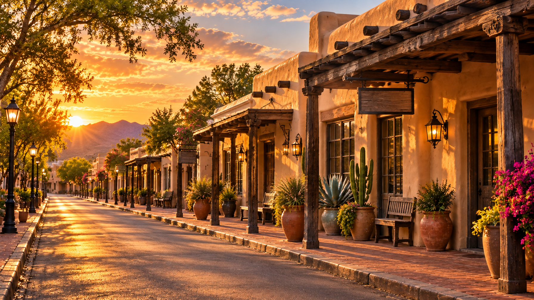 Empty adobe storefronts with wood posts, hanging signs, potted cactus, and a sunset street with no people