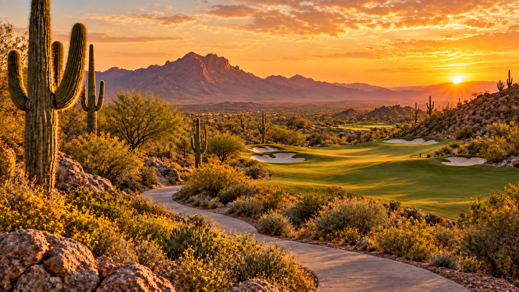 Desert golf fairway with sand bunkers, winding cart path, saguaros, and mountains at sunset