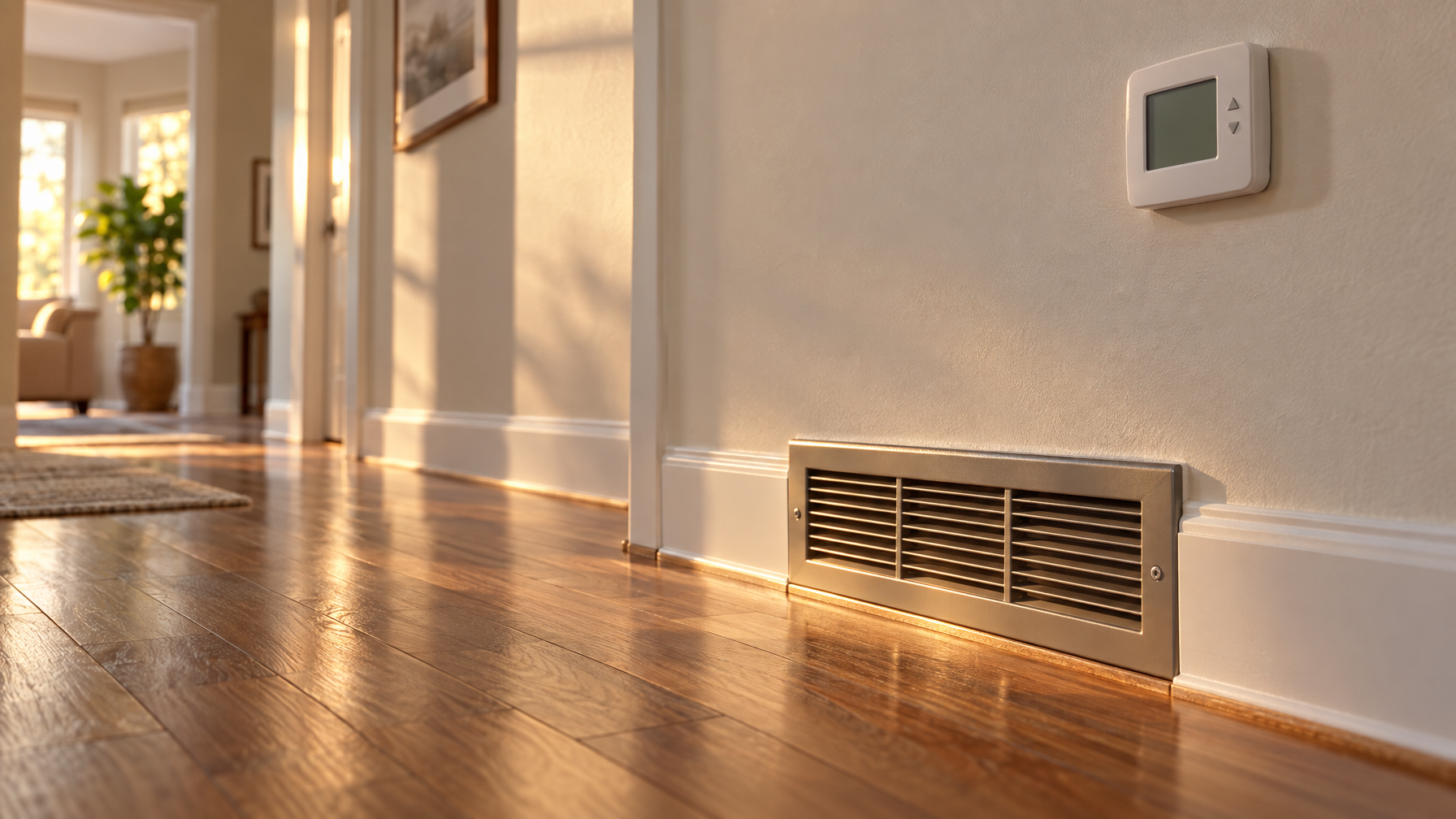 Hallway with hardwood floors, a metal floor heating vent, and a wall thermostat with a blank screen