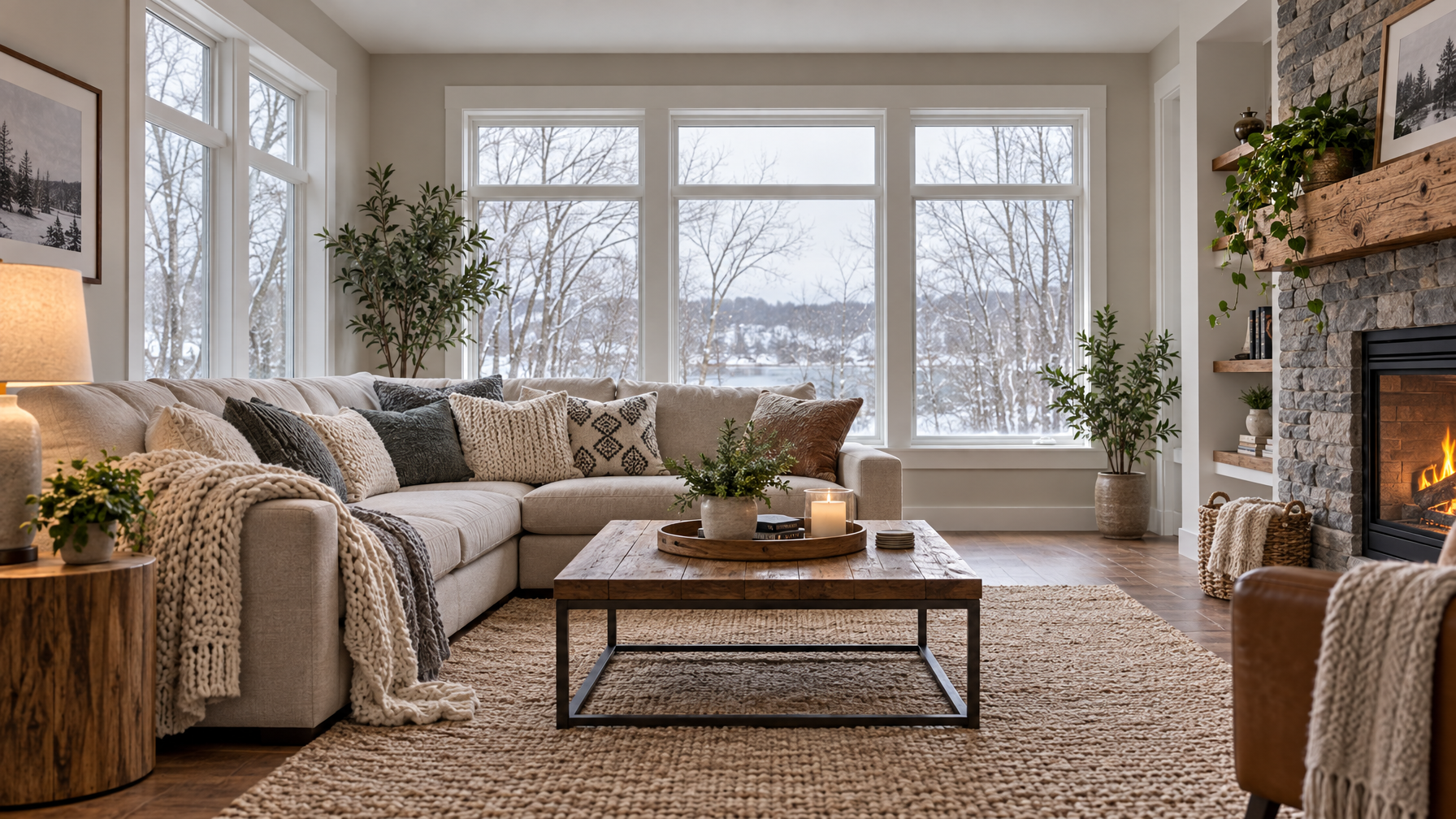 Empty beige living room with knit throws, wood coffee table, and large windows looking onto bare winter trees