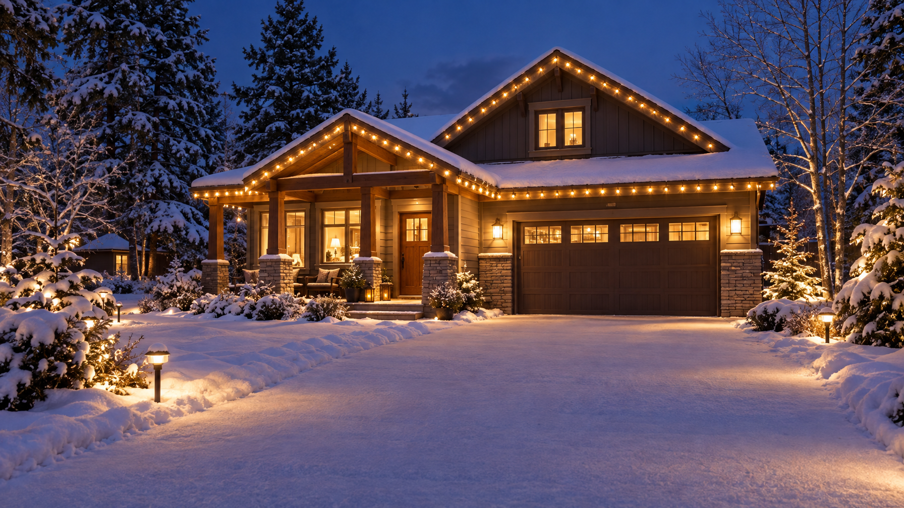 Gray vacation house at night with warm holiday string lights on snowy eaves, empty driveway, and path lights