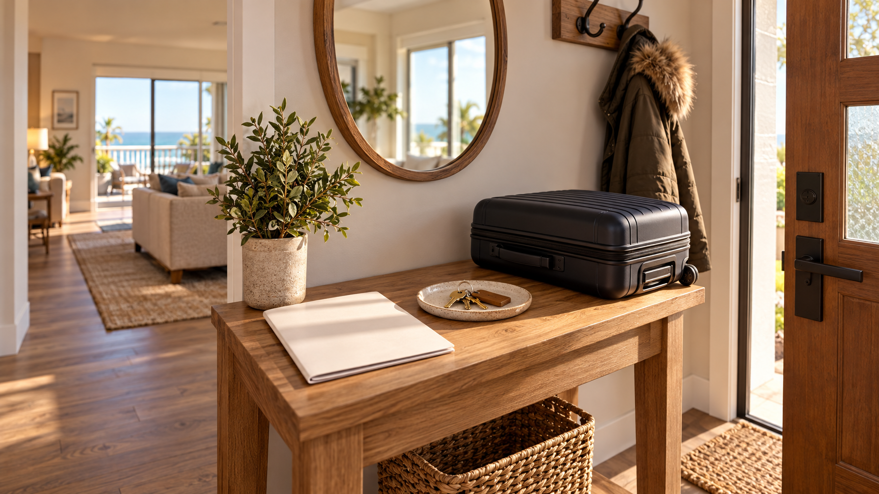 Entry console with a closed black suitcase, keys on a ceramic dish, blank welcome folder, and a winter coat on wall hooks