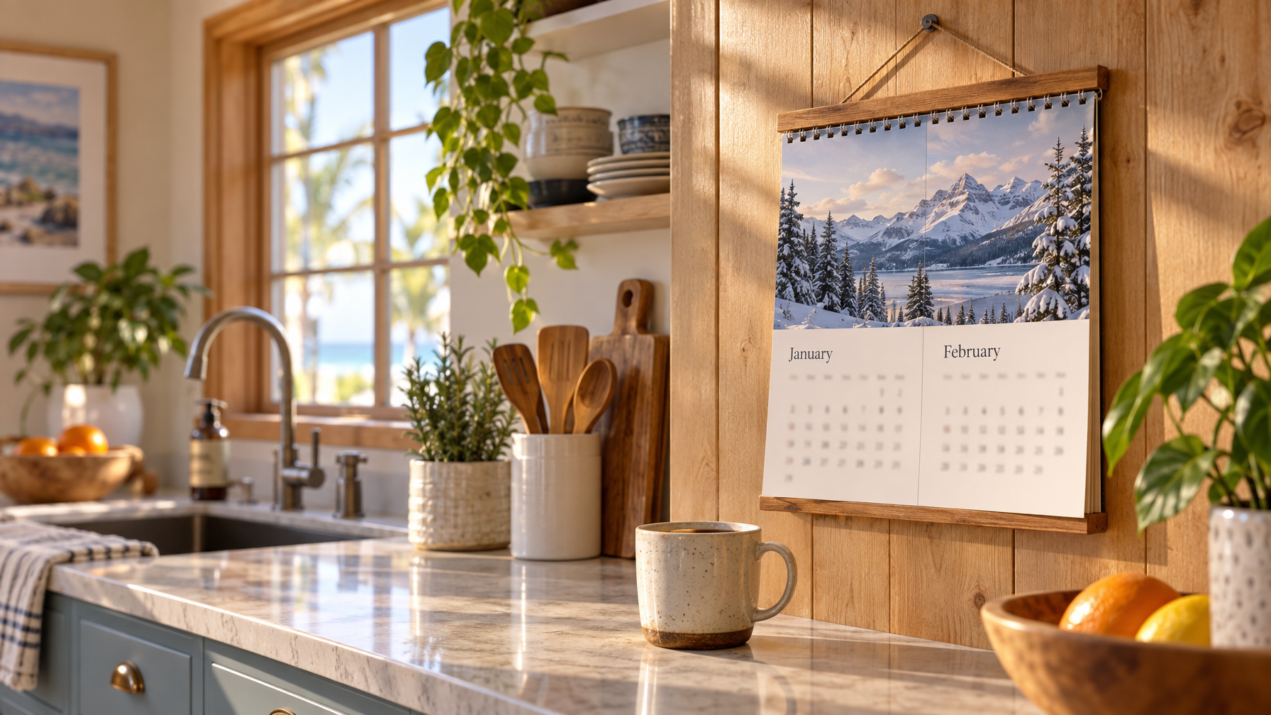 Wooden wall calendar showing January and February over a marble kitchen counter with a coffee mug