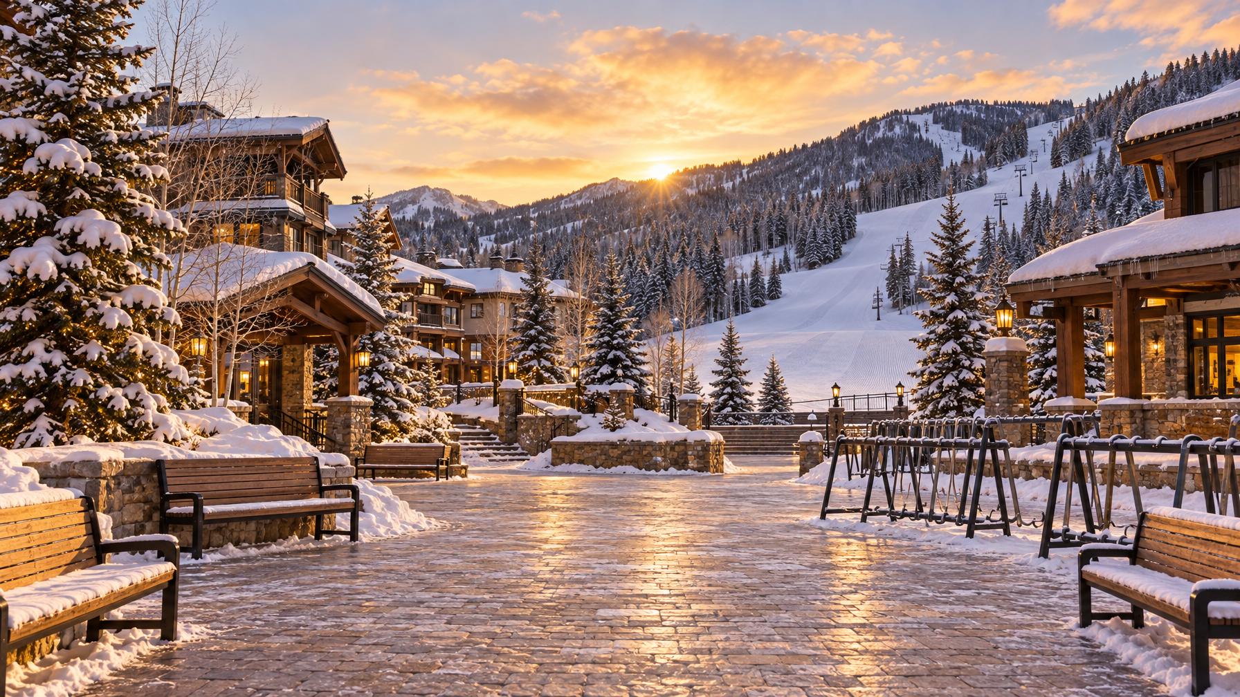 Empty stone-and-timber ski village plaza at golden hour with wooden benches, ski racks, and a groomed run behind snow-laden pines