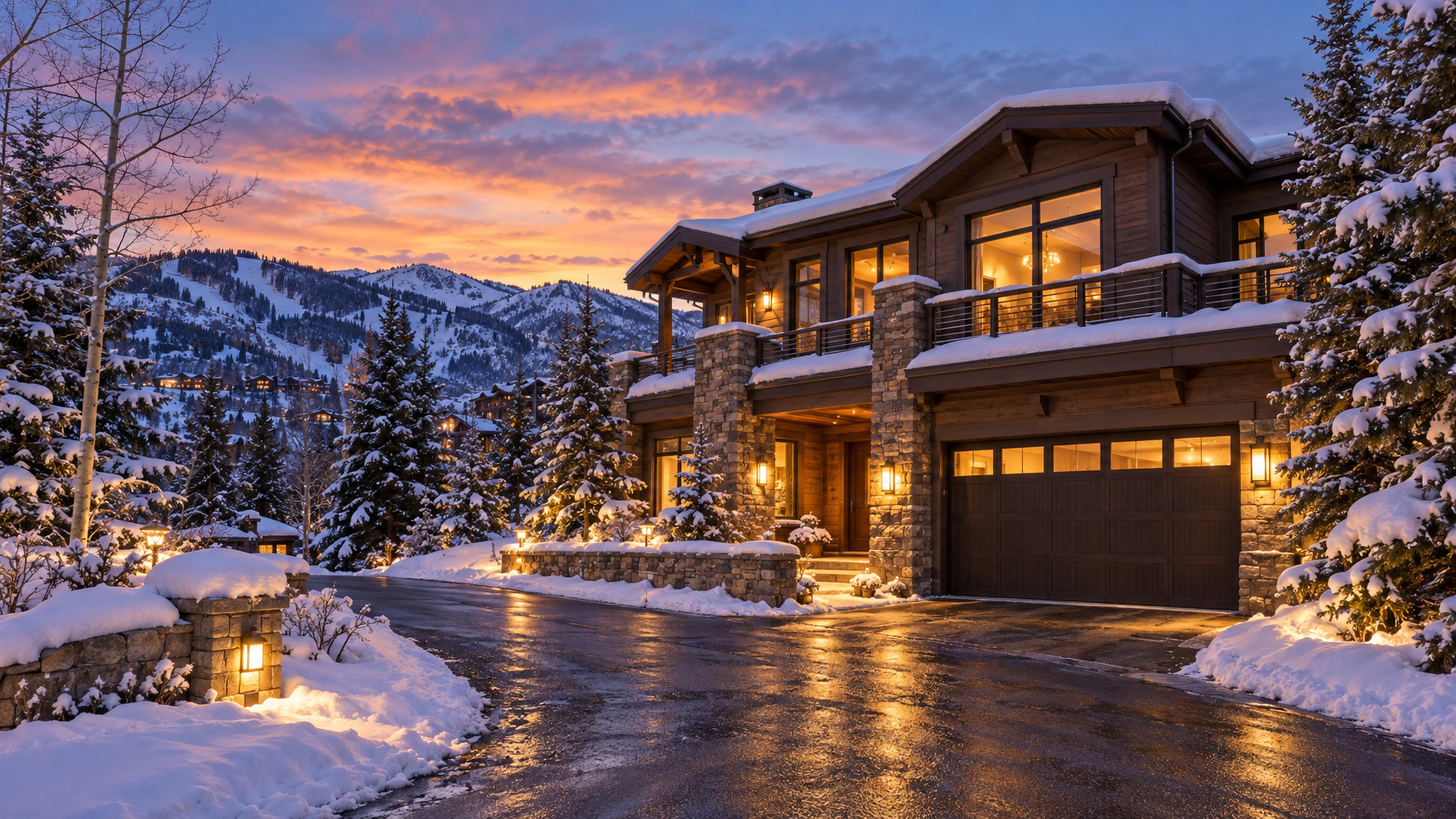 Snowy timber-and-stone mountain home at dusk with empty wet driveway, garage lights, and ski slopes on the ridge