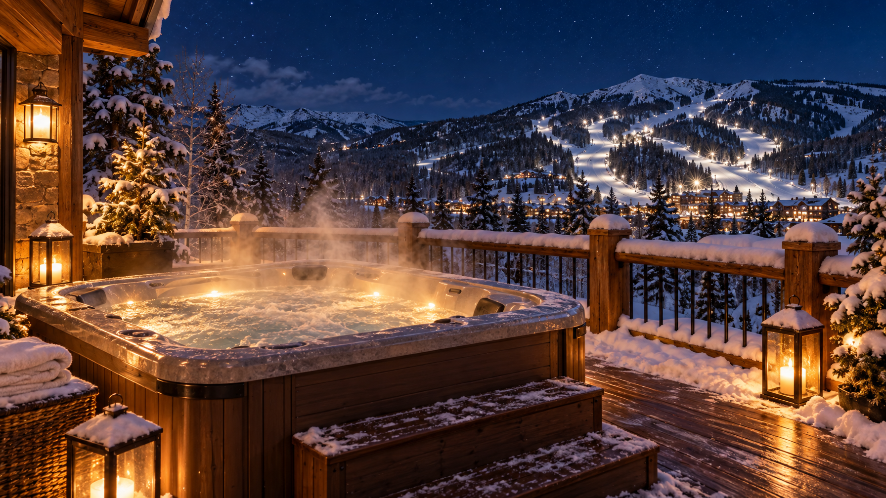 Steaming outdoor hot tub on a snowy wooden deck at night with lanterns and lit ski runs in the valley