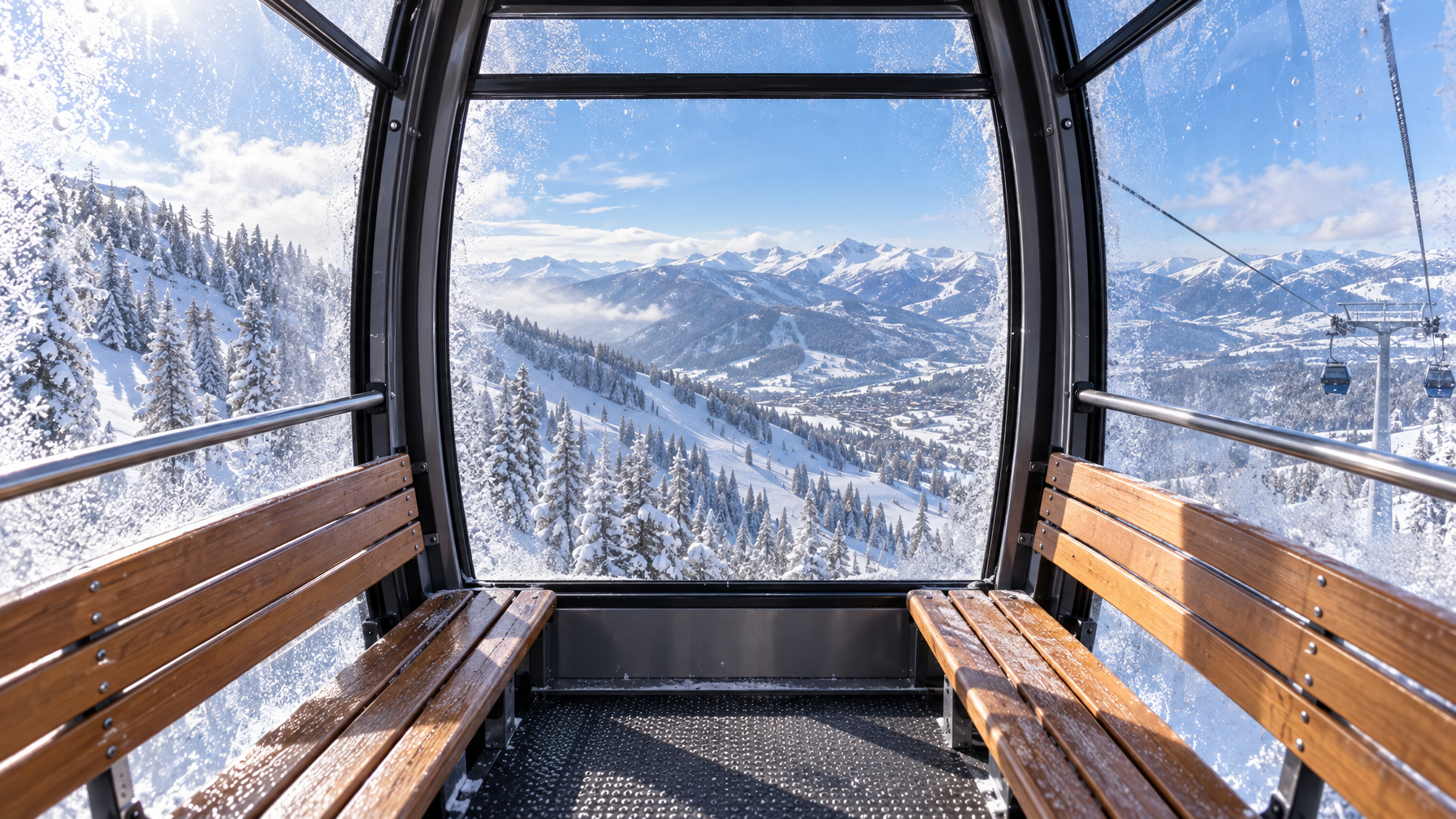 Empty gondola cabin with wooden benches and frosted glass looking over snowy Utah mountains and distant village roofs