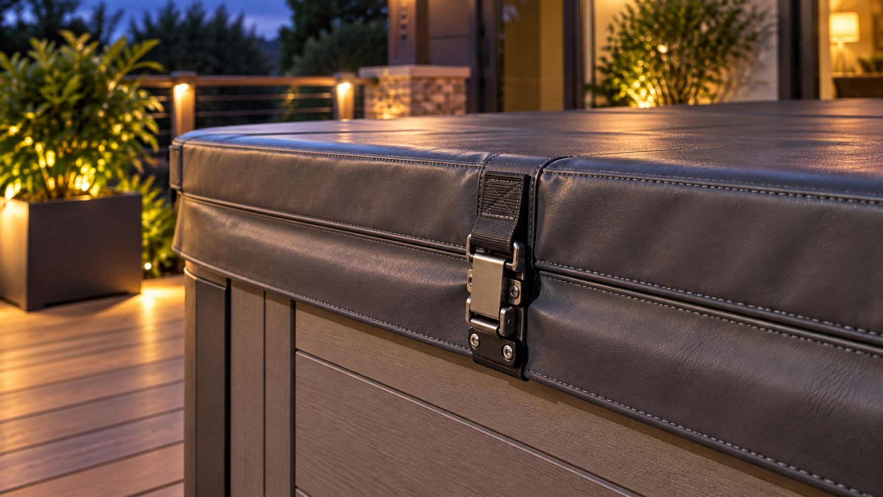 Close-up of a dark gray insulated spa cover with a closed metal buckle and black strap on gray cabinet siding, evening deck, no people