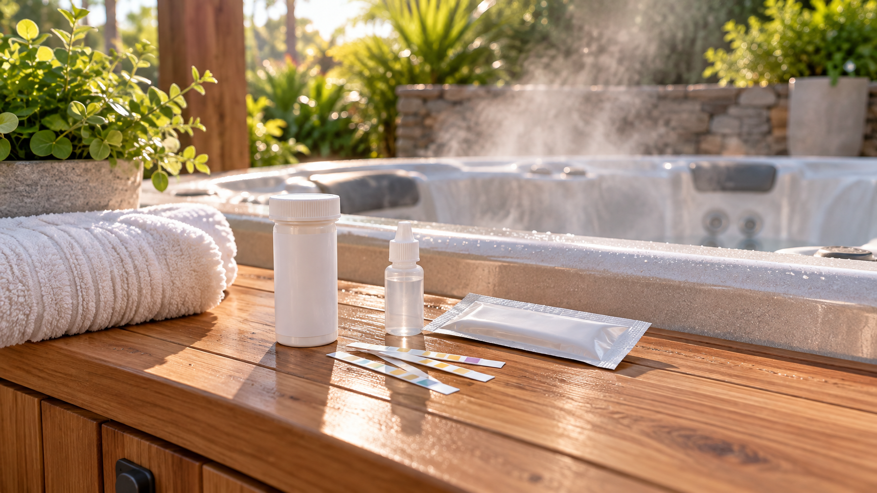 White unlabeled bottle, dropper, foil pouch, and three color test strips on a wet cedar cabinet beside a steaming spa, rolled white towel, no people or brand text