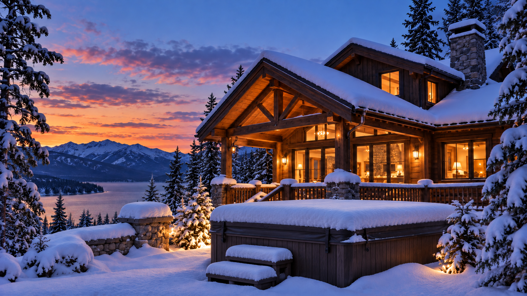 Snow-covered rectangular spa with two steps in front of a lit timber lodge at dusk, lake and mountains beyond, evergreens, no people