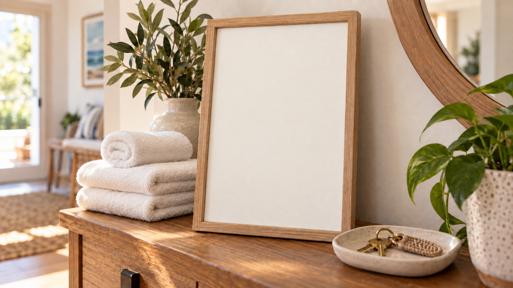 Wood console with stacked white towels, a blank cream frame, brass keys in a ceramic dish, and a leafy vase, no readable text on the card