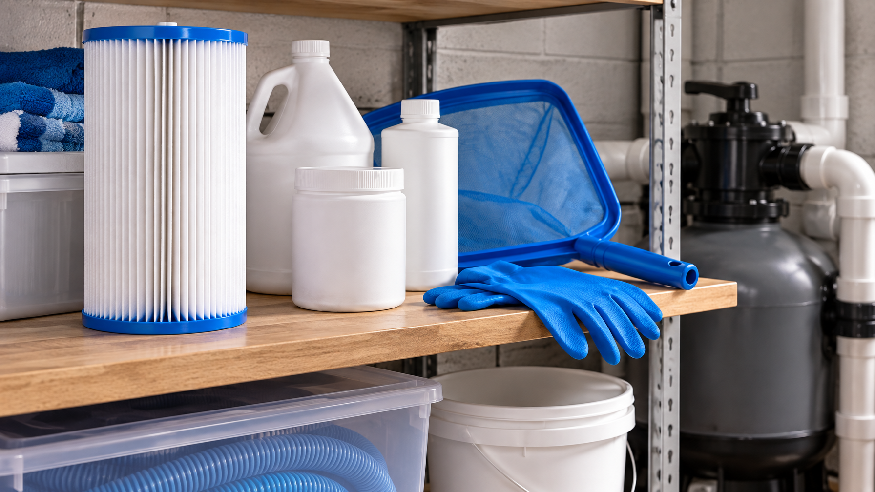 Spa closet shelf with a blue-end filter cartridge, unlabeled white jugs, blue skimmer net, blue gloves, and a gray filter tank, no readable labels