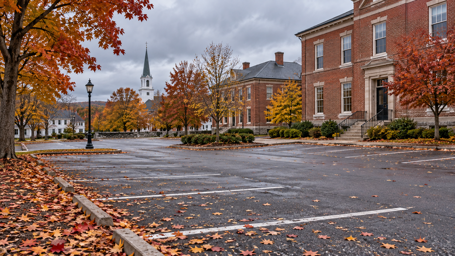 Empty wet asphalt parking lot with white stall lines, fallen maple leaves, brick municipal building, and a white steeple under overcast sky