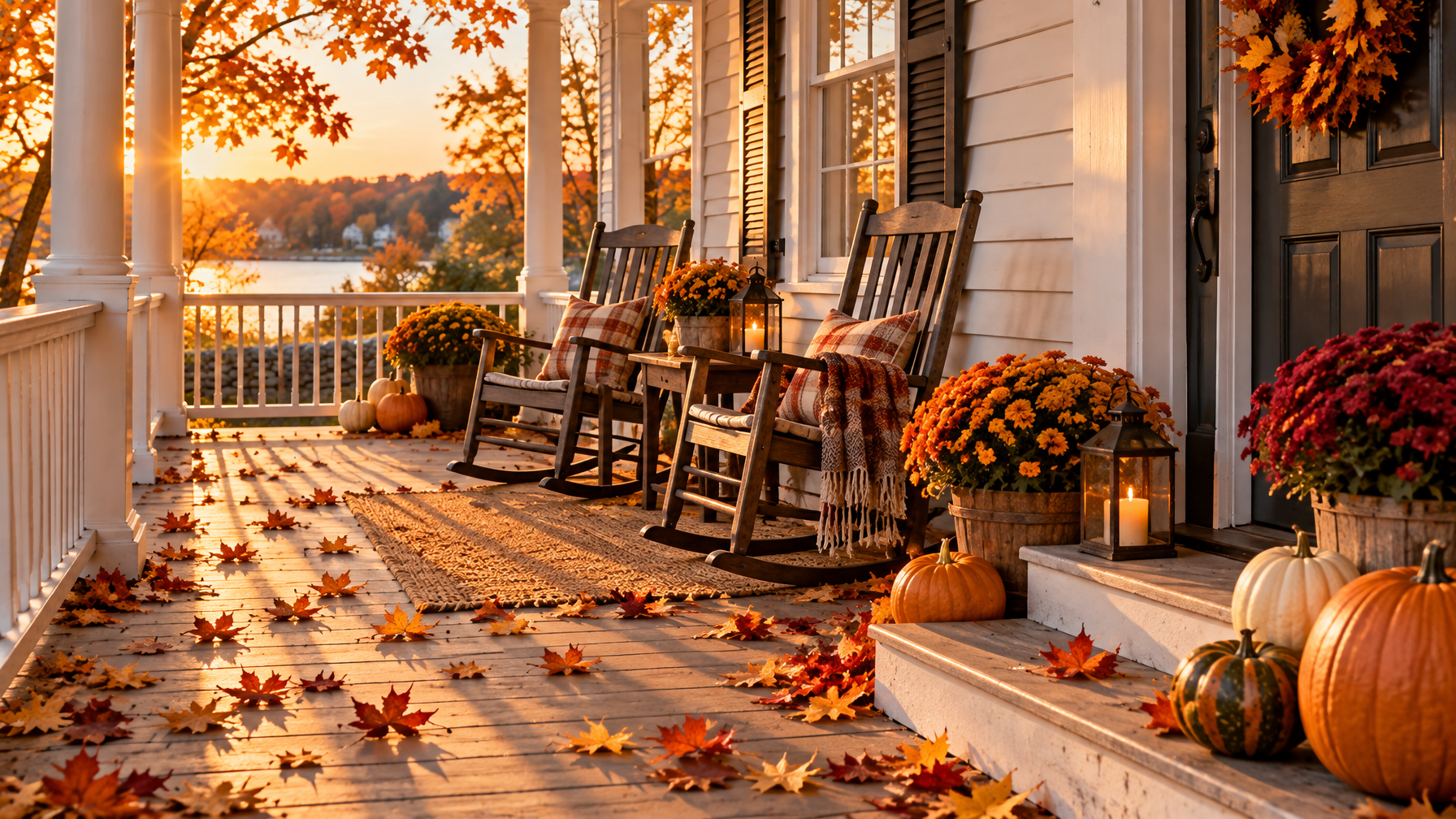 Empty wooden porch with rocking chairs, pumpkins, mums, lanterns, and maple leaves at sunset