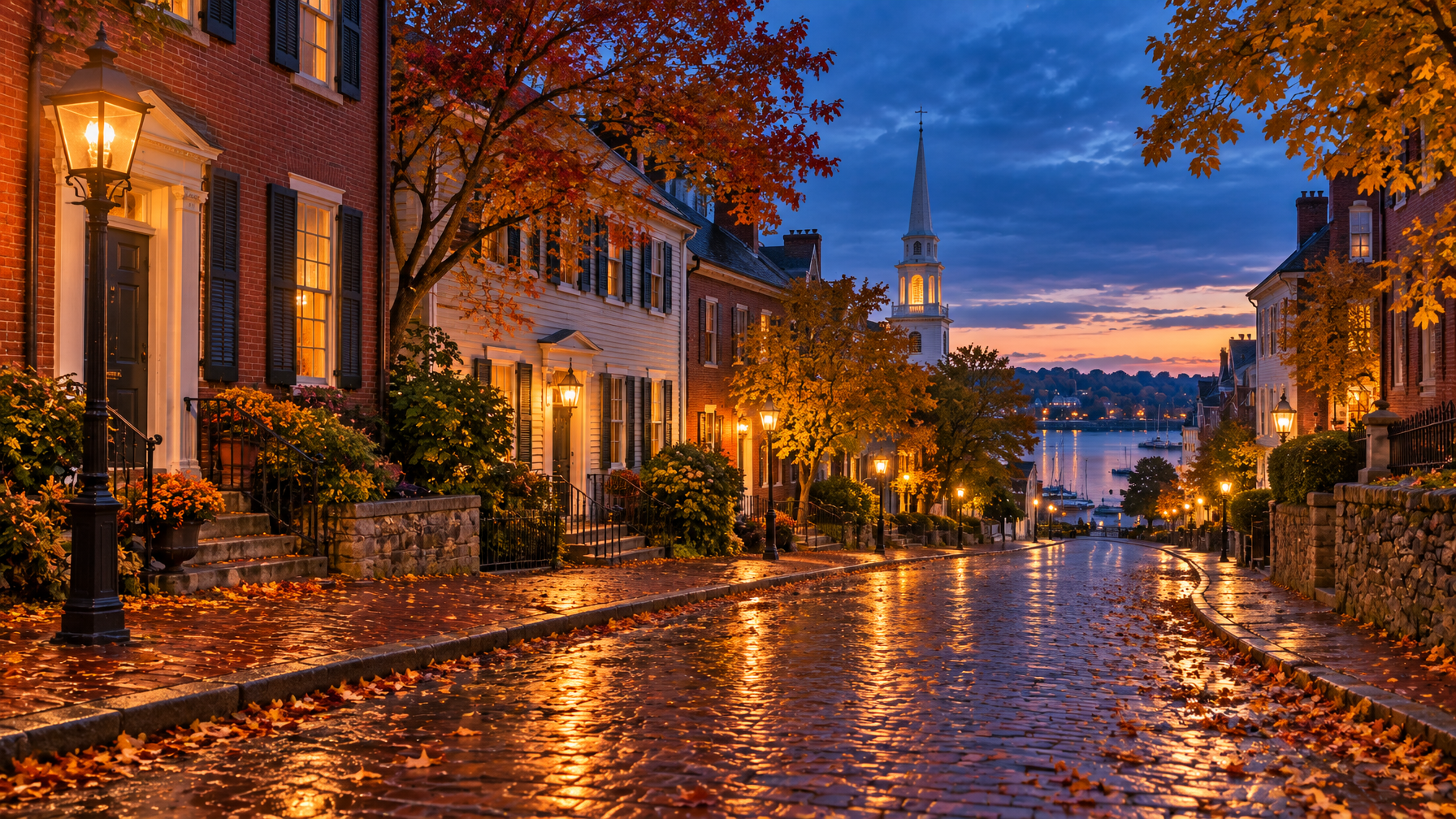 Wet cobblestone street at dusk with glowing street lamps, brick and clapboard houses, a lit white steeple, and harbor lights, no people