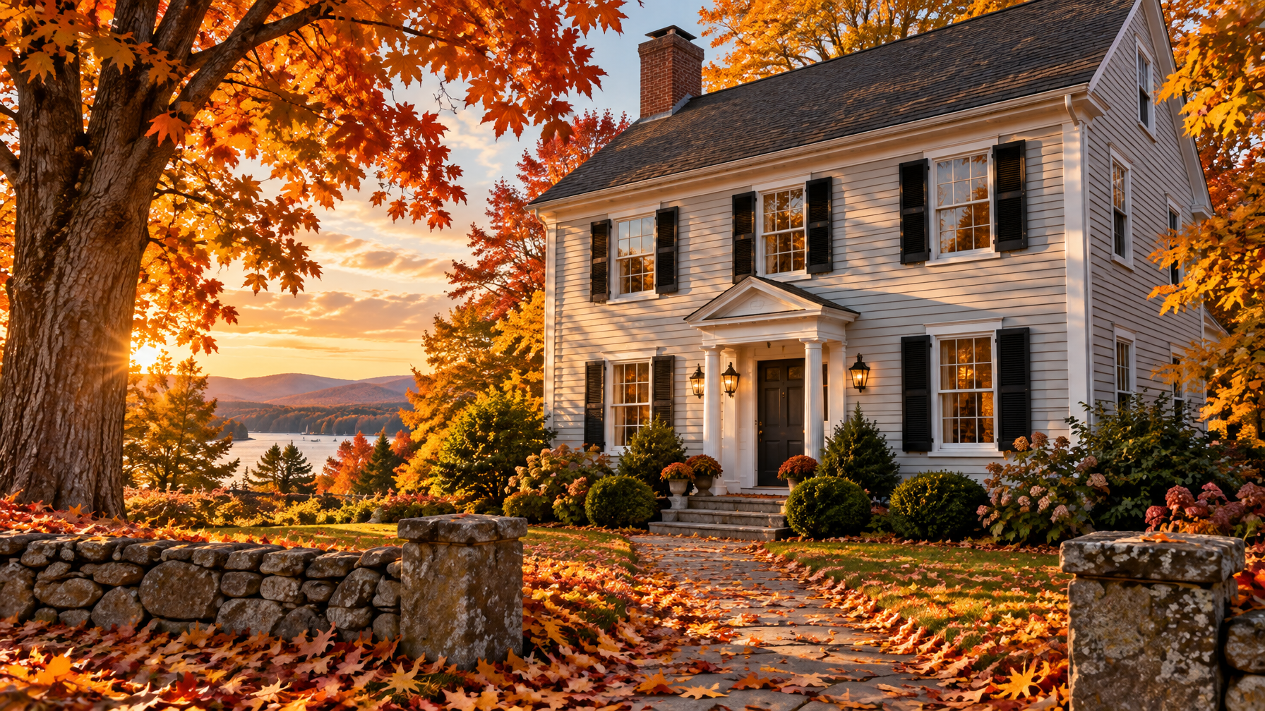 White clapboard colonial house with black shutters, brick chimney, stone walk, and maple leaves at golden hour, empty yard