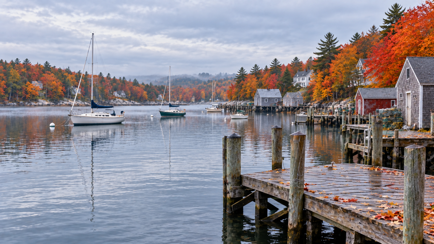 Empty wooden dock with maple leaves, sailboats on still water, shingled boathouses, and autumn hills under overcast sky