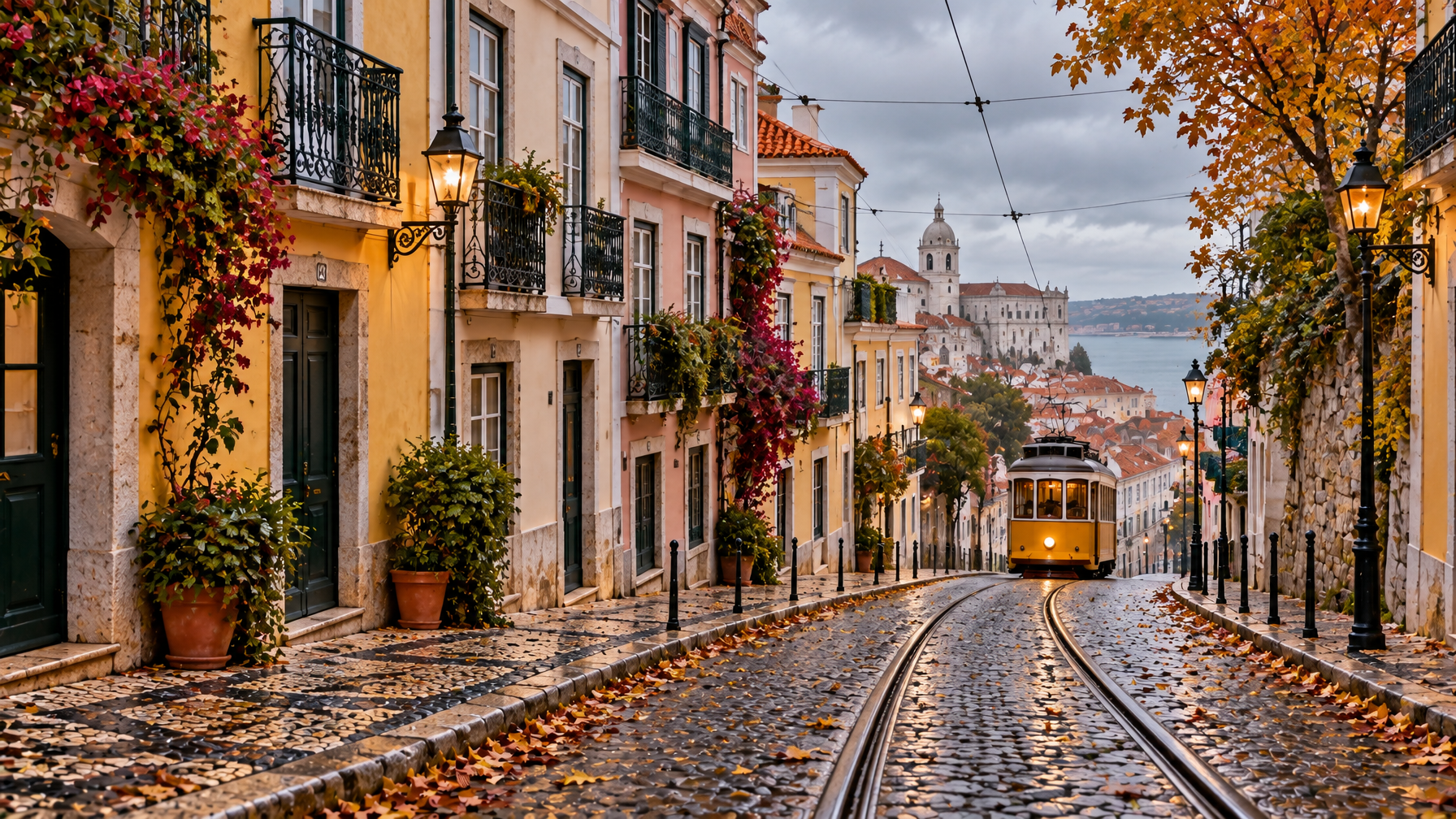 Empty wet cobblestone Lisbon street with tram tracks and a yellow tram descending toward a white church and river, pastel buildings
