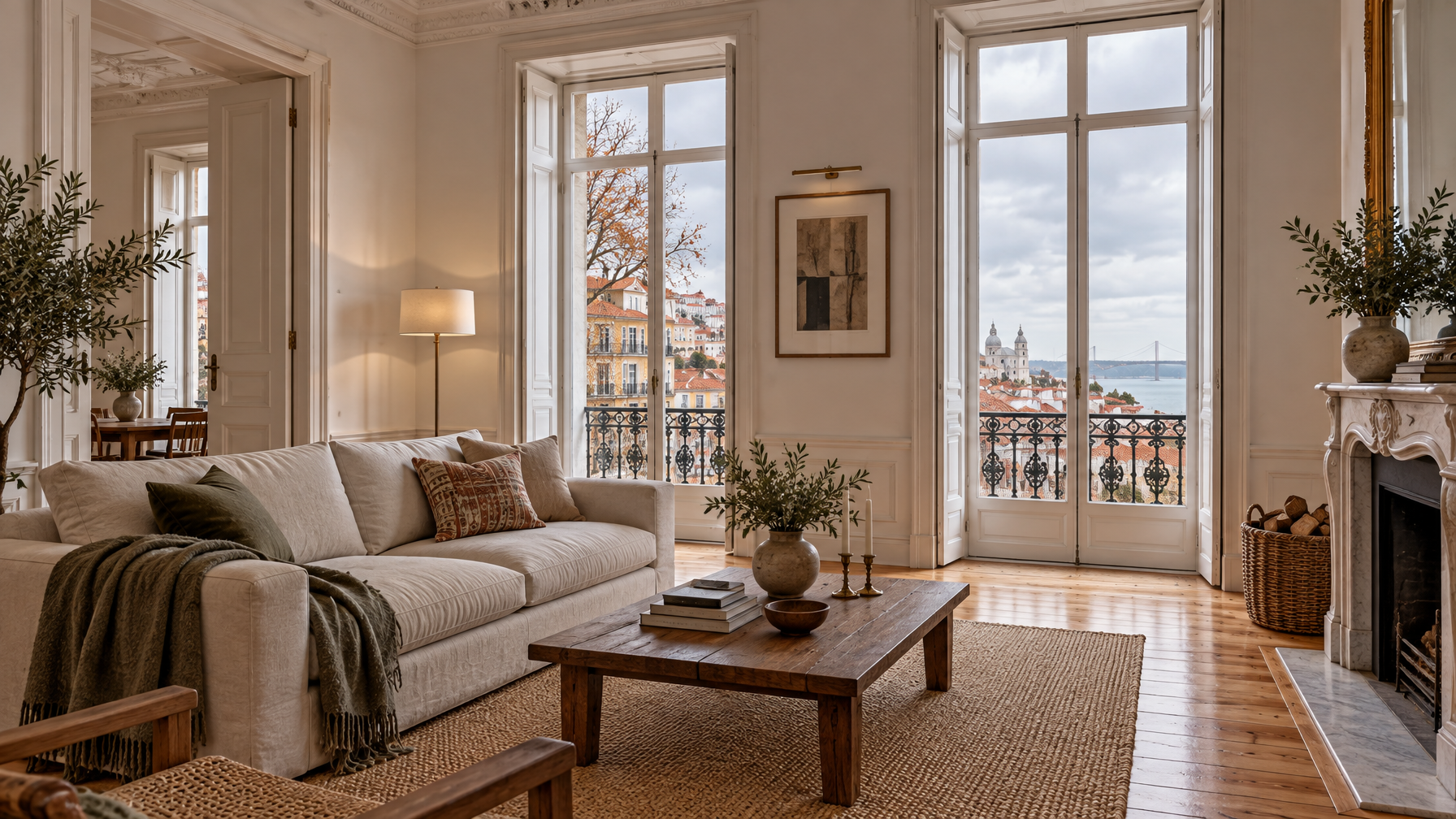 Empty high-ceiling Lisbon living room with a beige sofa, wooden coffee table, marble fireplace, and tall windows over rooftops and the river