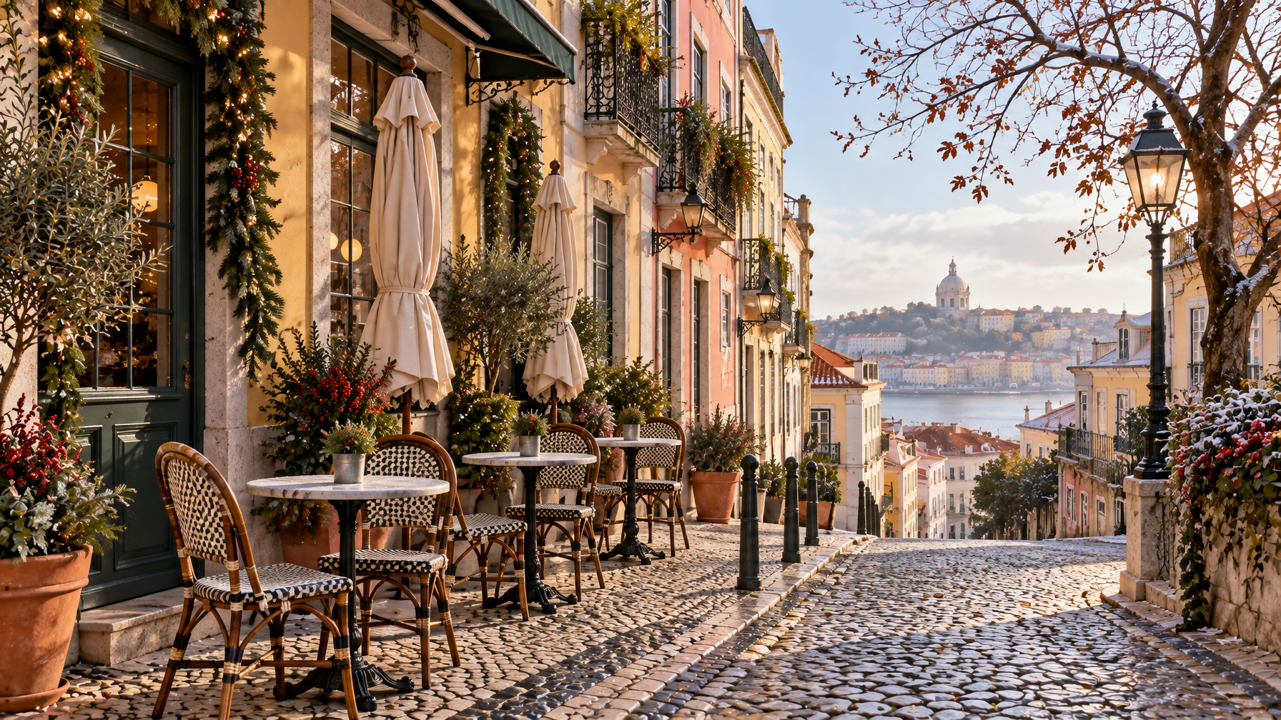 Empty Lisbon cafe terrace with folded umbrellas, bistro chairs, and a cobbled street sloping toward the river and a hilltop dome