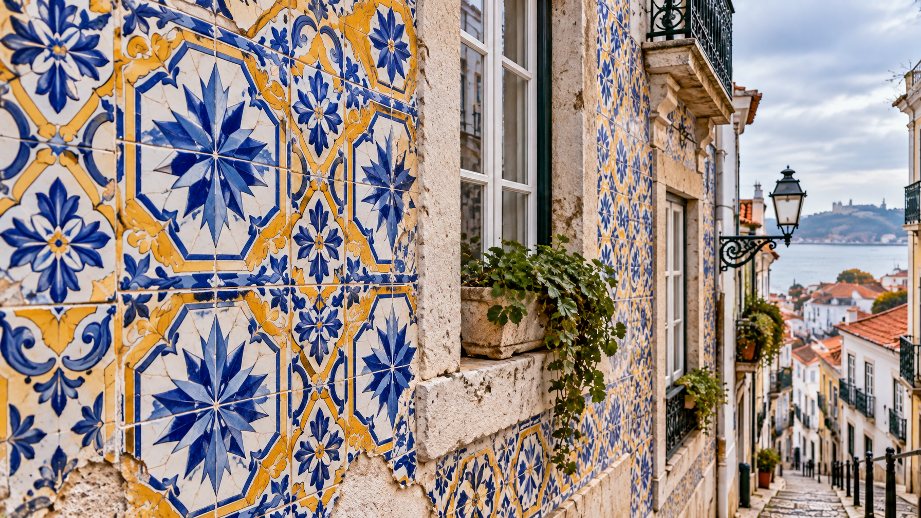 Close-up of blue, white, and yellow star-pattern Portuguese azulejo tiles on a weathered Lisbon facade with a stone windowsill planter
