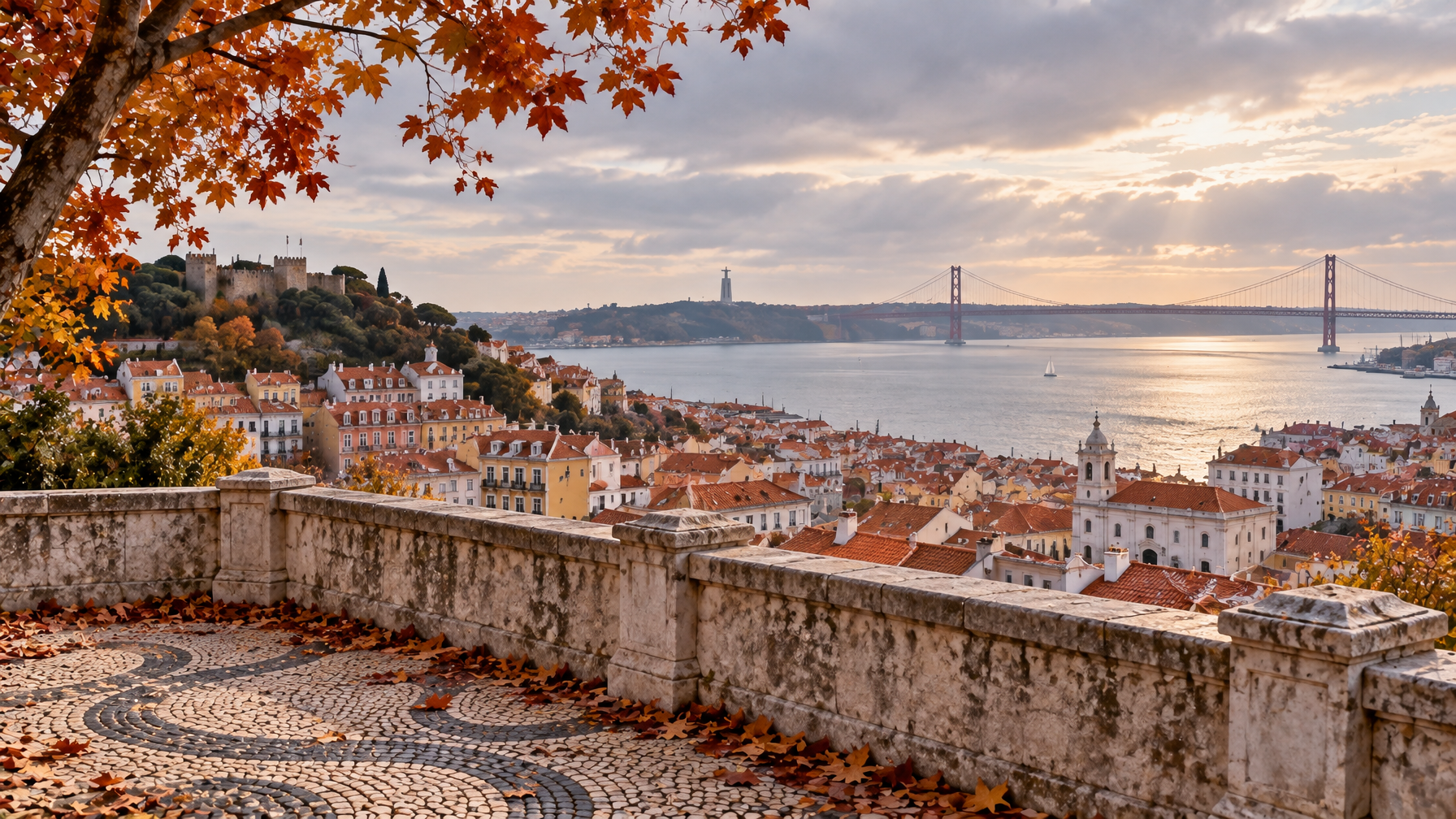 Empty hillside viewpoint with a stone parapet and mosaic pavement overlooking red-roof Lisbon, the Tagus River, and the 25 de Abril Bridge